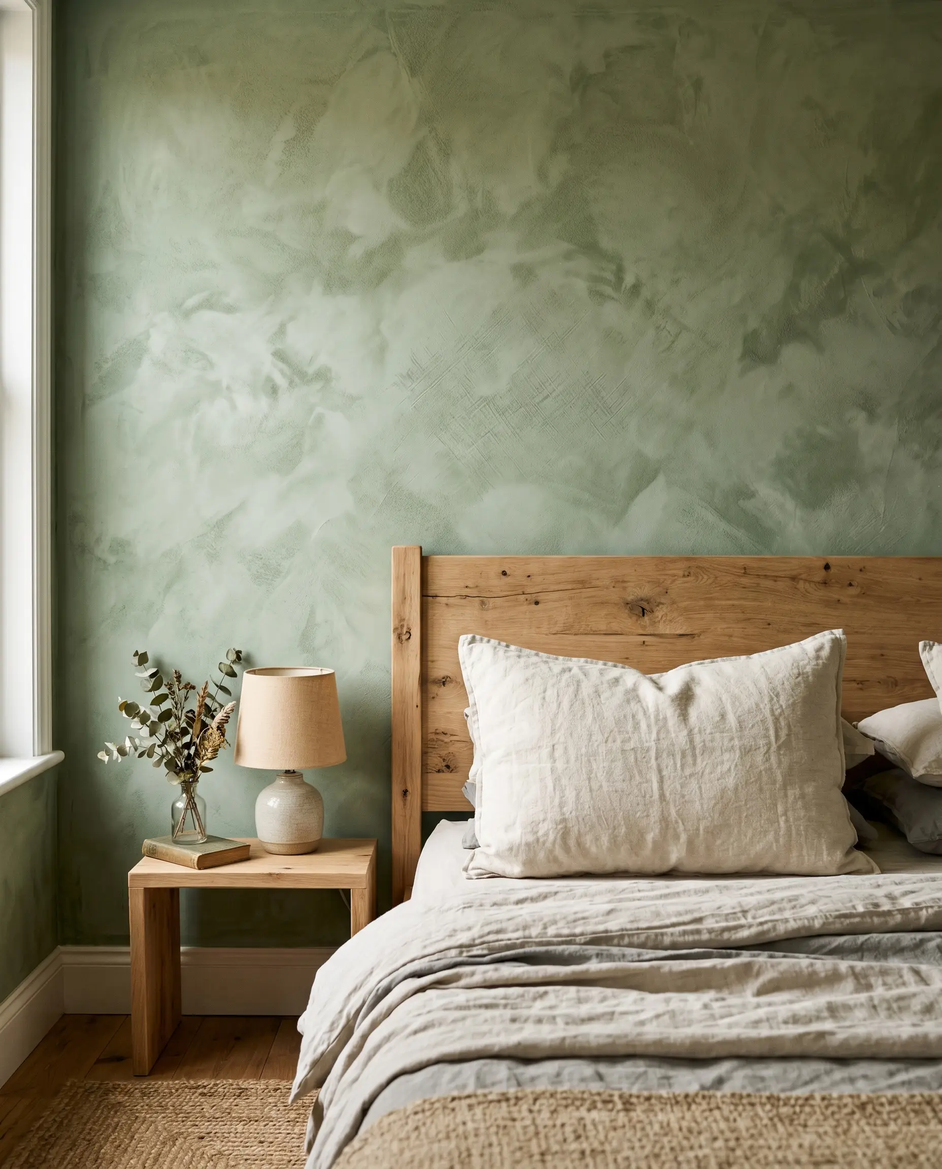 A raw wood headboard and slubby cream linen pillow rest against textured limewash and Roman clay finishes providing sage green bedroom wall ideas.