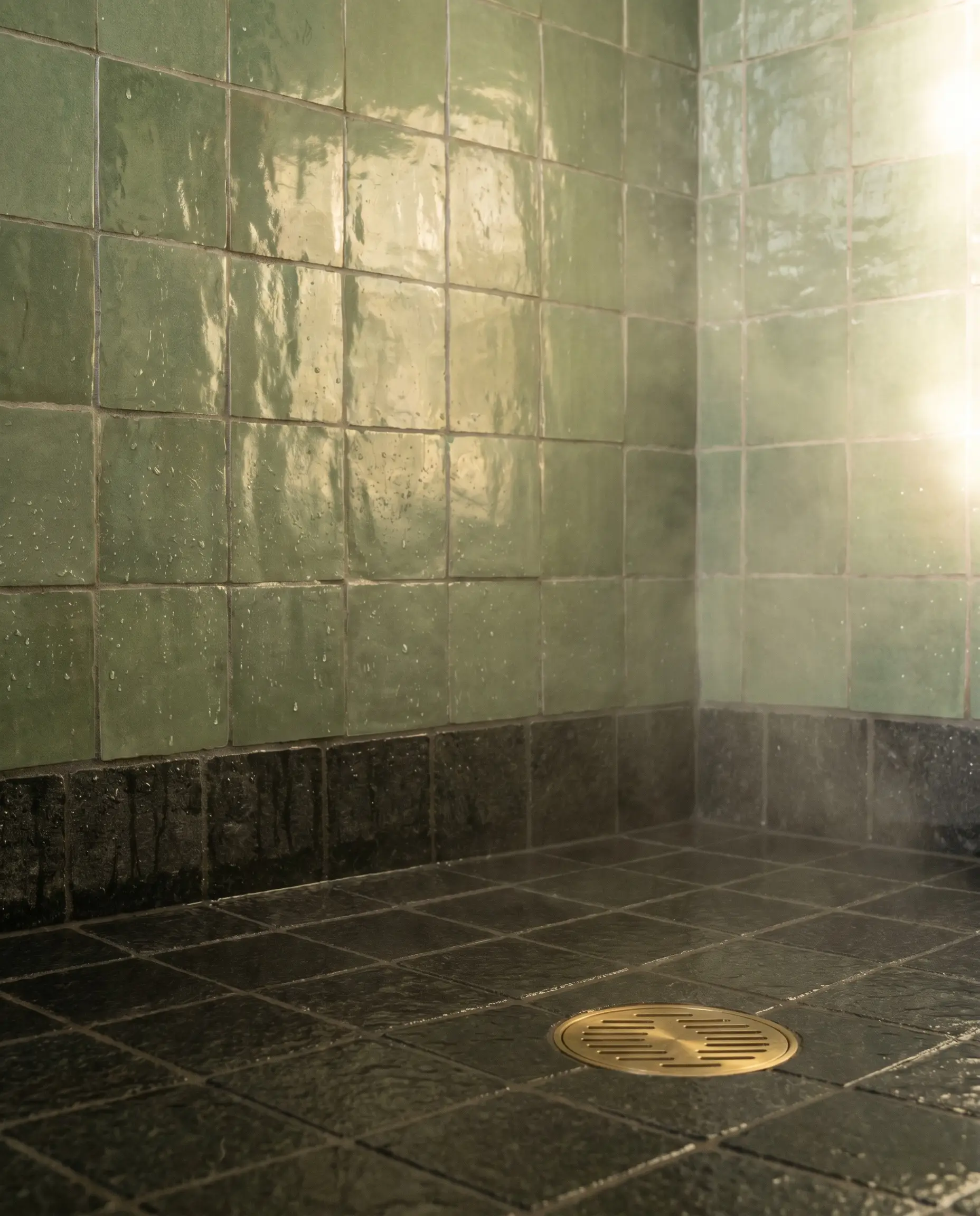Highly reflective sage green clay tiles transition into a dark shower pan laid with matte honed charcoal basalt mosaics and black epoxy grout.