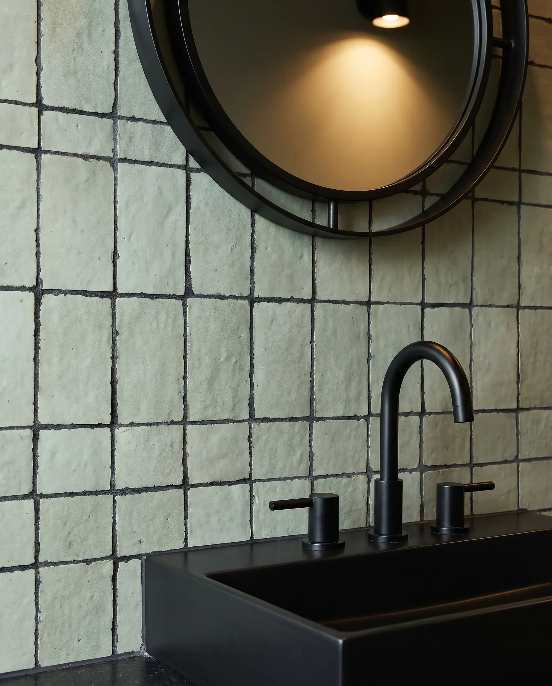 Dark charcoal grout aggressively outlines the unrectified edges of a light sage Moroccan clay wall paired with a matte black mirror frame.
