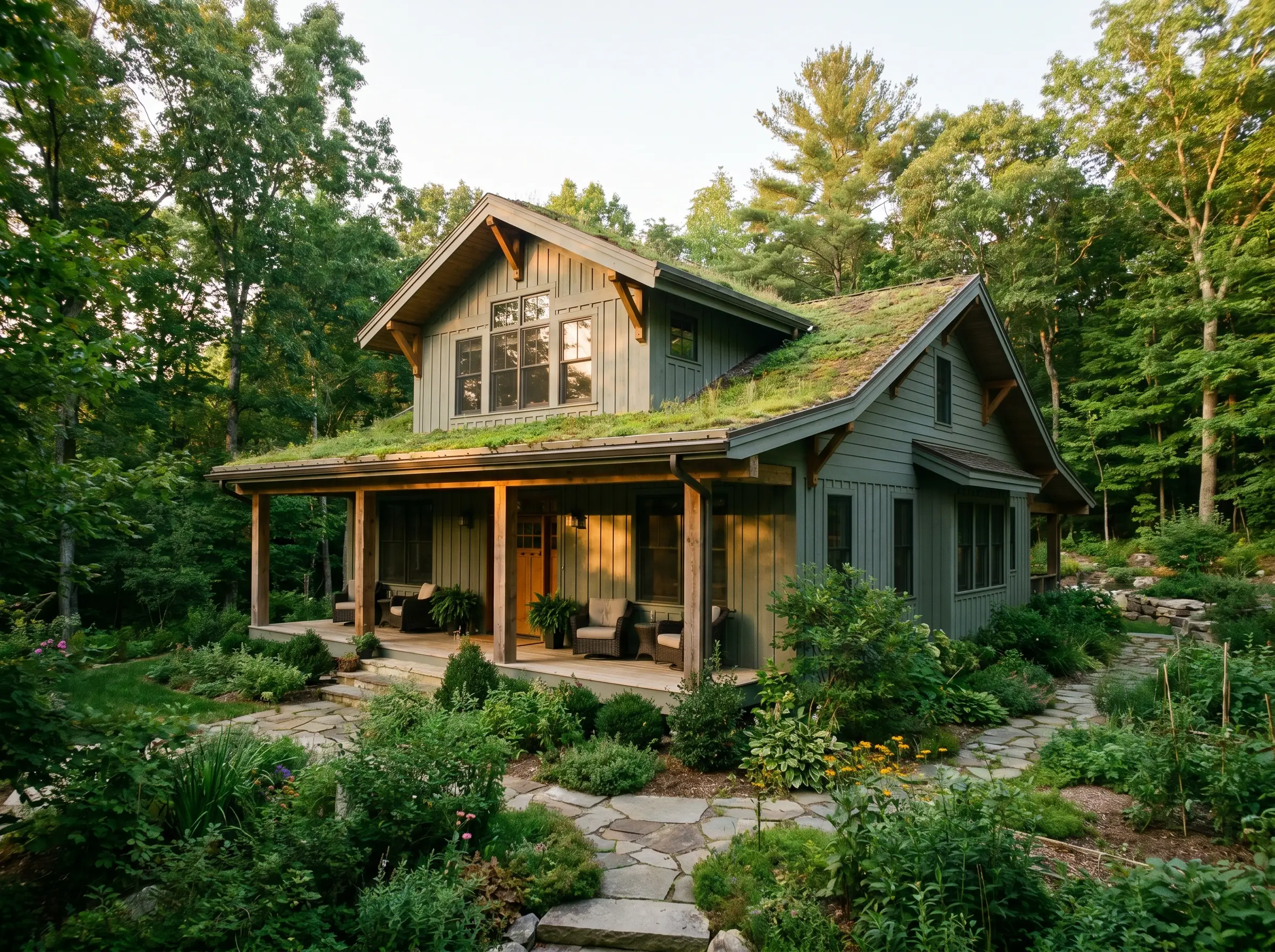Sage-tinted gray exterior paint coats the siding of an organic wooded home, framed by sturdy rough-sawn timber columns along the front porch.