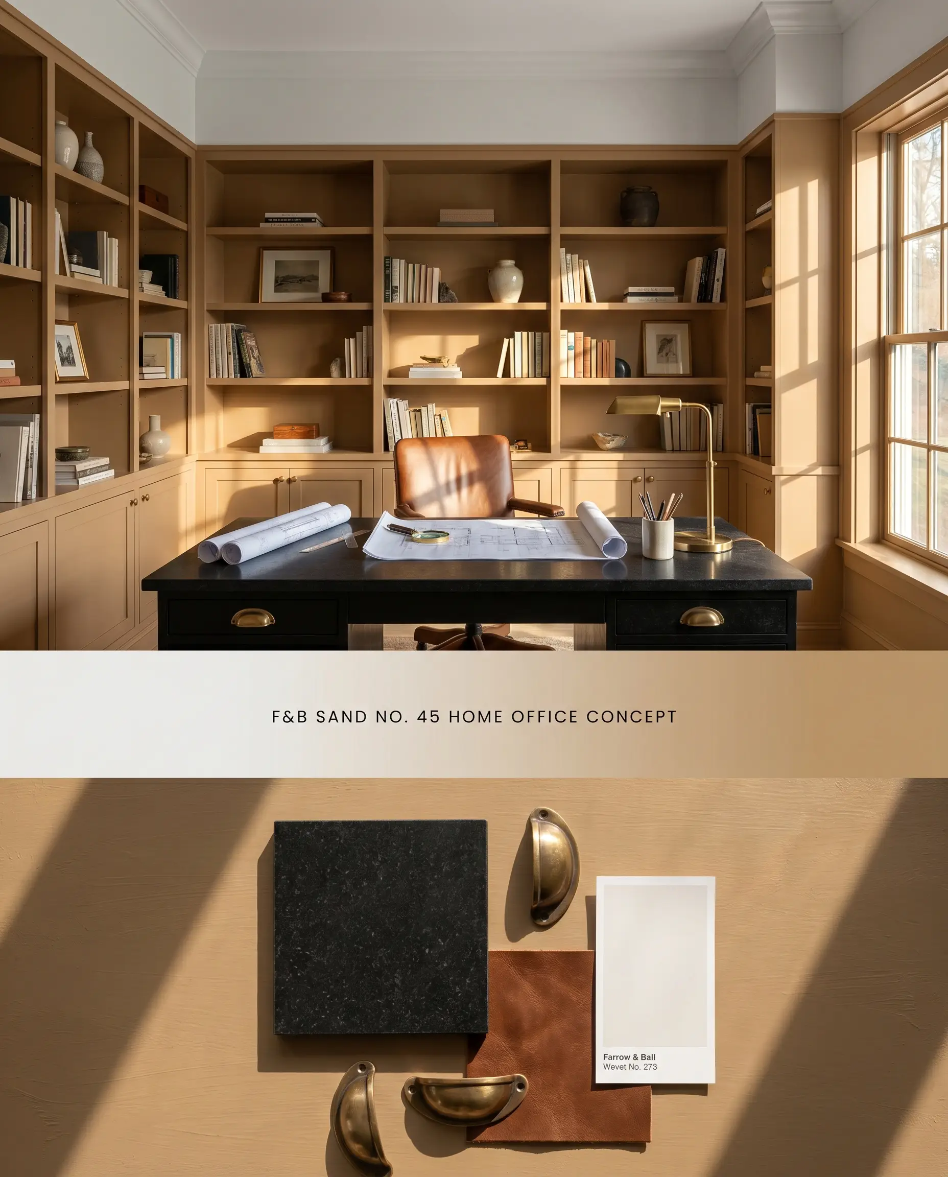 A split digital conceptual board for a home office featuring a warm earthy tone on floor-to-ceiling bookshelves, positioned above a textured flat-lay of absolute black granite and unlacquered brass.