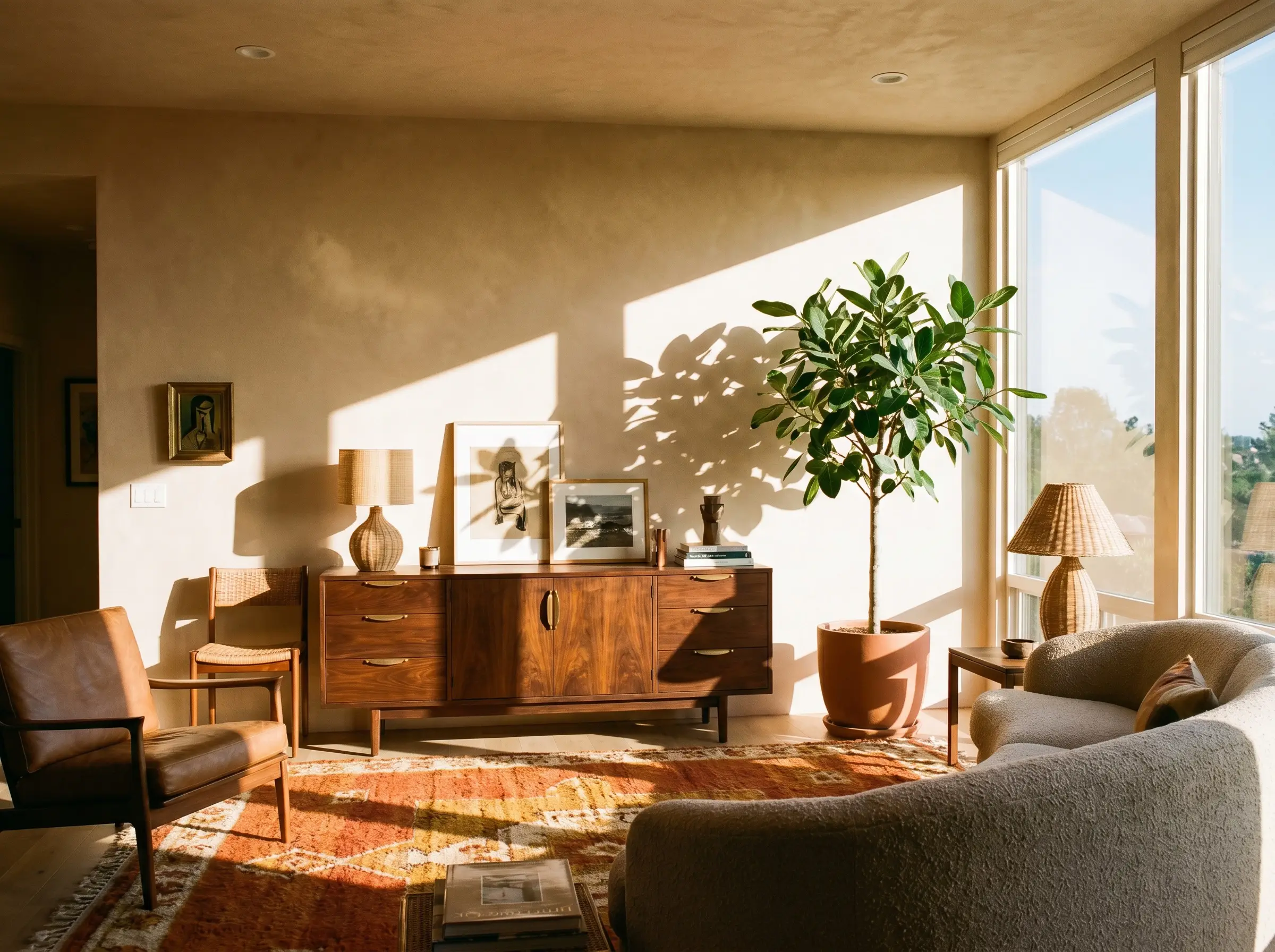 A mid-century modern walnut credenza and large Ficus Audrey plant stand against sun-baked sandstone limewash walls displaying a matte mottled finish.