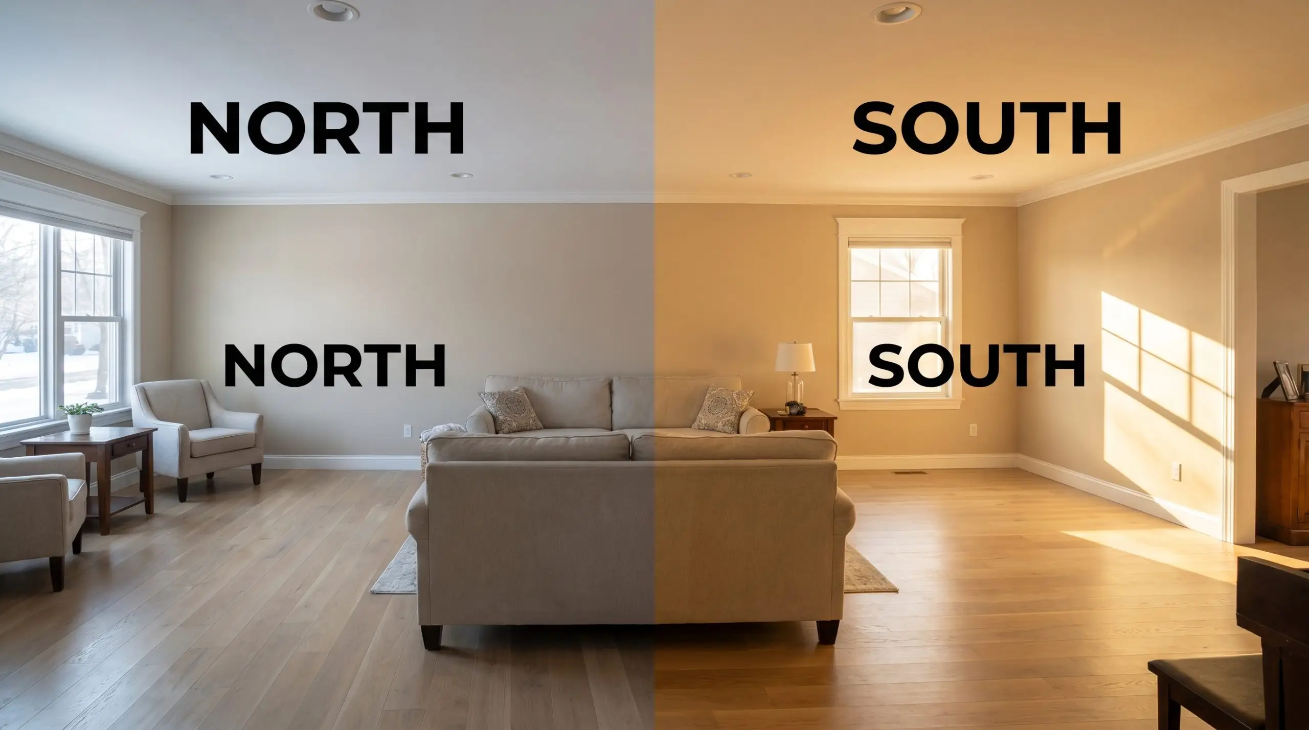 A continuous living room space shifts from muted shadows in cool northern exposure to intense warm sunlight in southern exposure against Behr Baja painted walls.