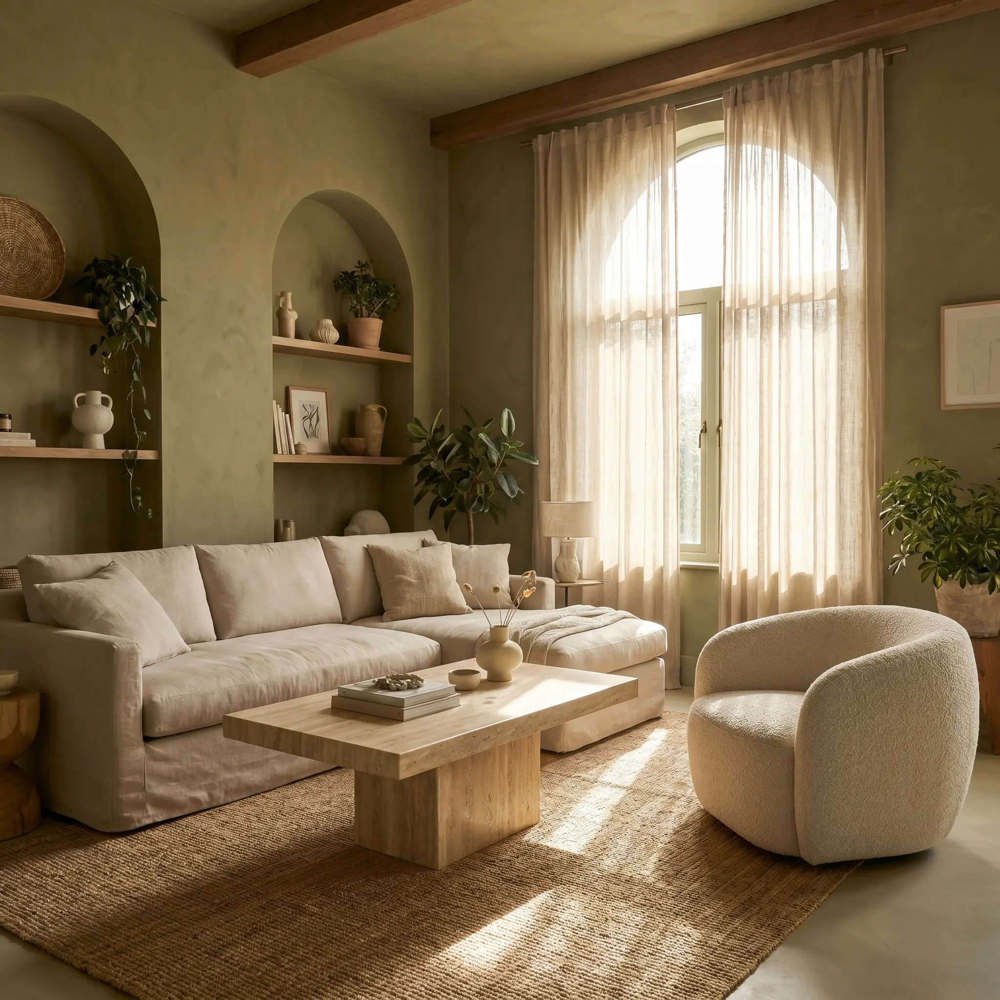 A cream boucle accent chair and pale heavy linen slipcovered sofa surround a solid travertine coffee table inside a deeply intimate botanical hue room.