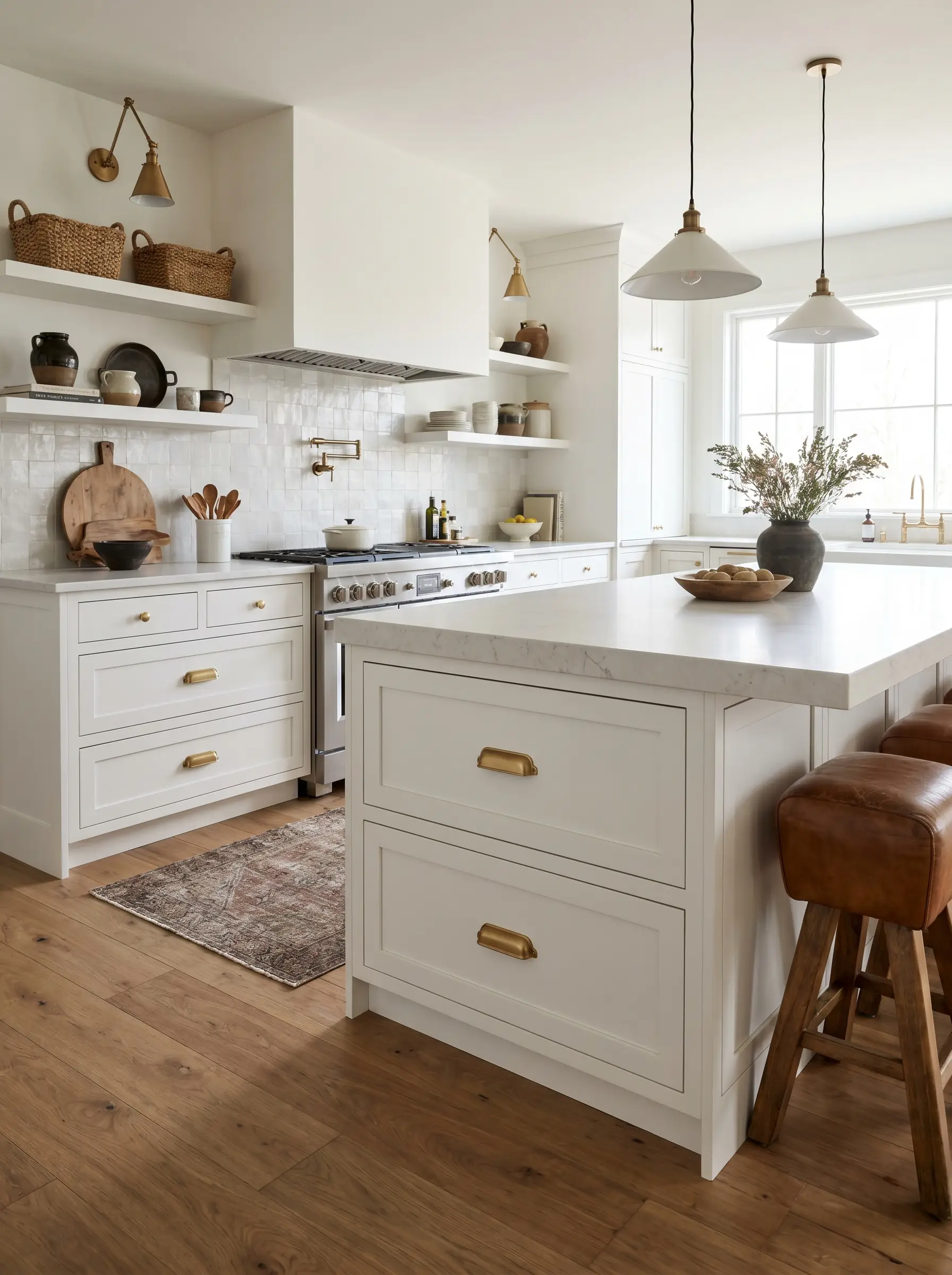 Squared-off satin brass cup pulls center perfectly within lower drawer panels, showcasing modern gold hardware for white shaker cabinets in a farmhouse transitional kitchen.