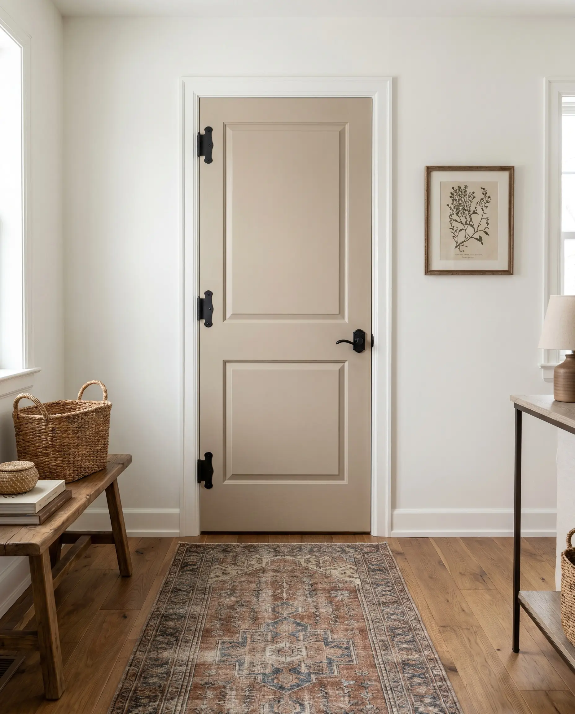 A standard interior door painted in a satin finish greige features matte black hinges and a forged iron lever handle above a vintage runner rug.