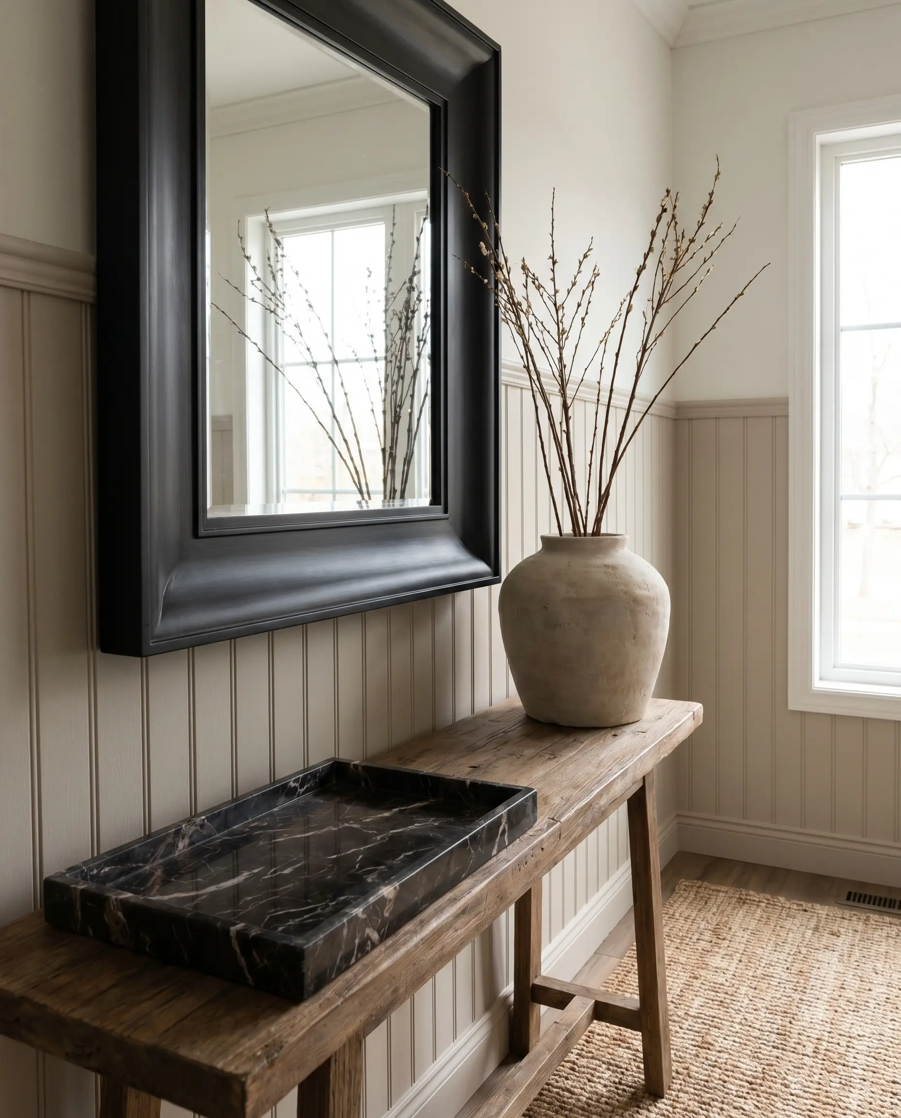 A modest wooden console table holding a dark marble tray and ceramic vase sits against saturated greige beadboard beneath a matte black framed mirror.