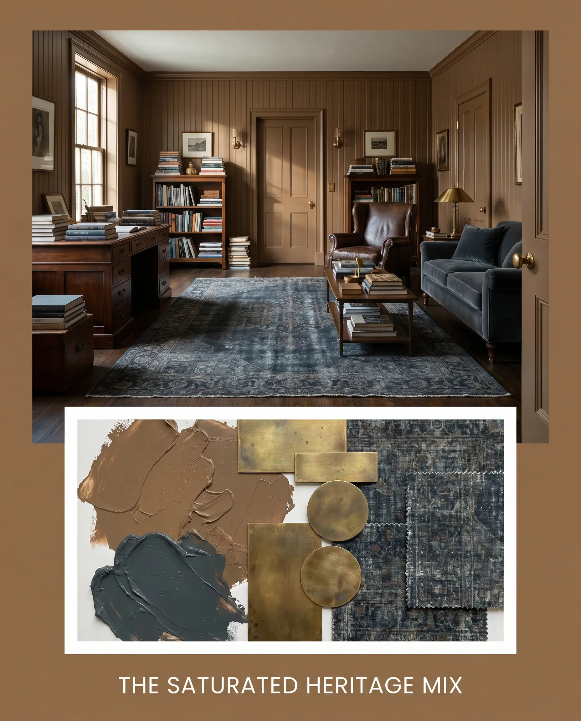 Unlacquered brass metal samples and vintage rug textiles form an inset flat-lay beneath a dramatic study featuring classic beadboard walls in a deep caramel base.