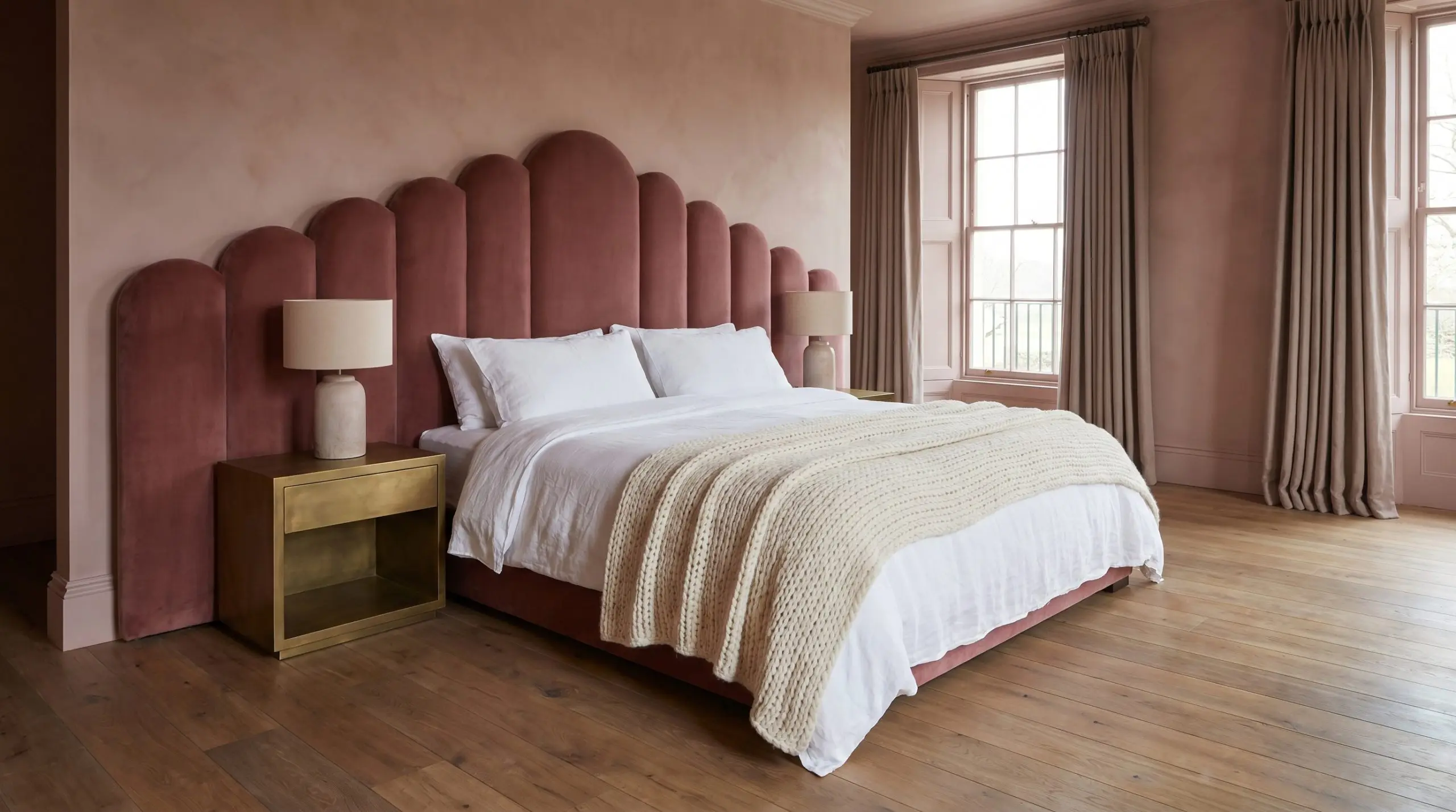 An extra-tall scalloped headboard upholstered in dusty rose velvet extends past unlacquered brass nightstands against muddy pink plaster walls and wide-plank oak flooring.