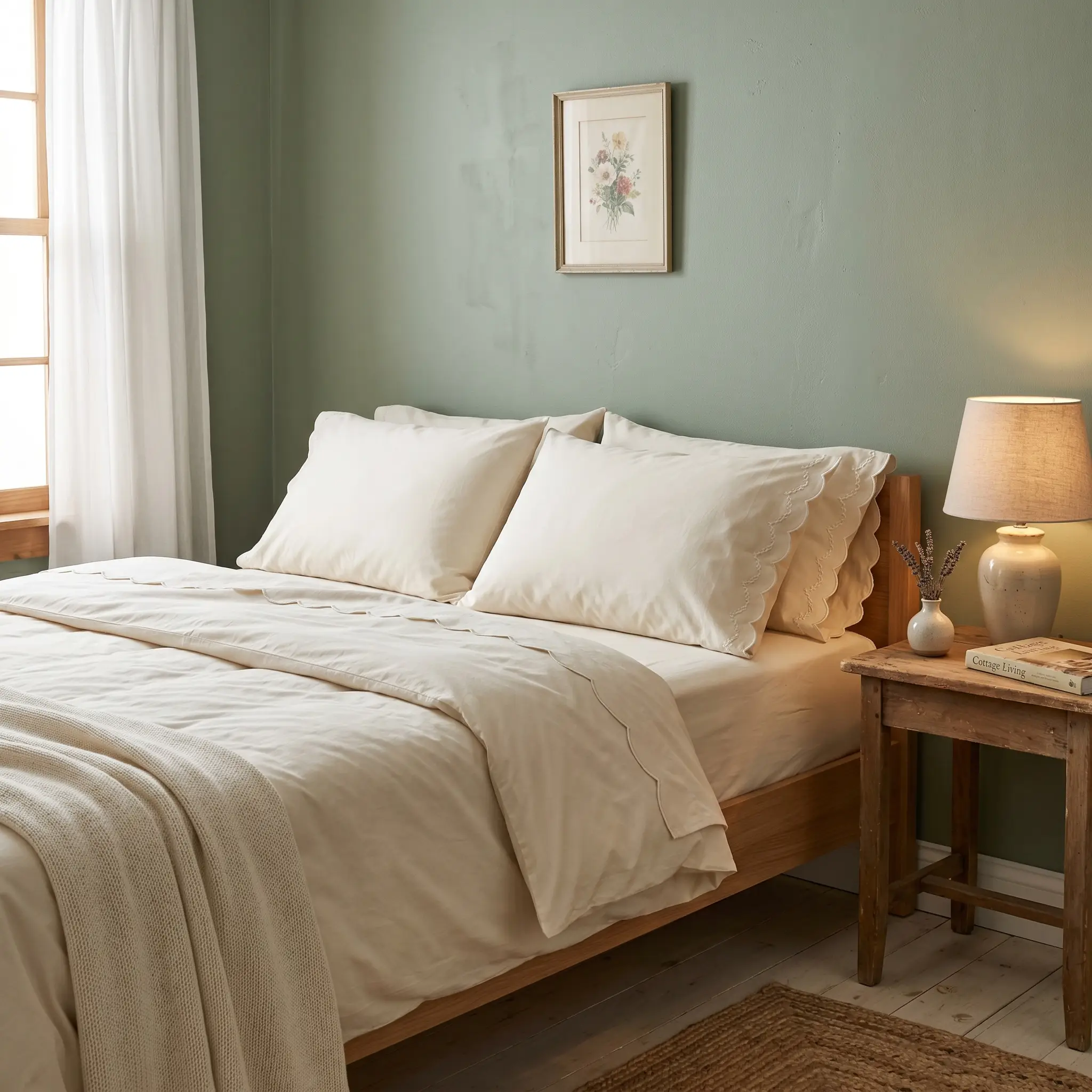 Percale cotton cream pillowcases feature delicate embroidered scalloped edges resting against a muted sage green painted bedroom wall.