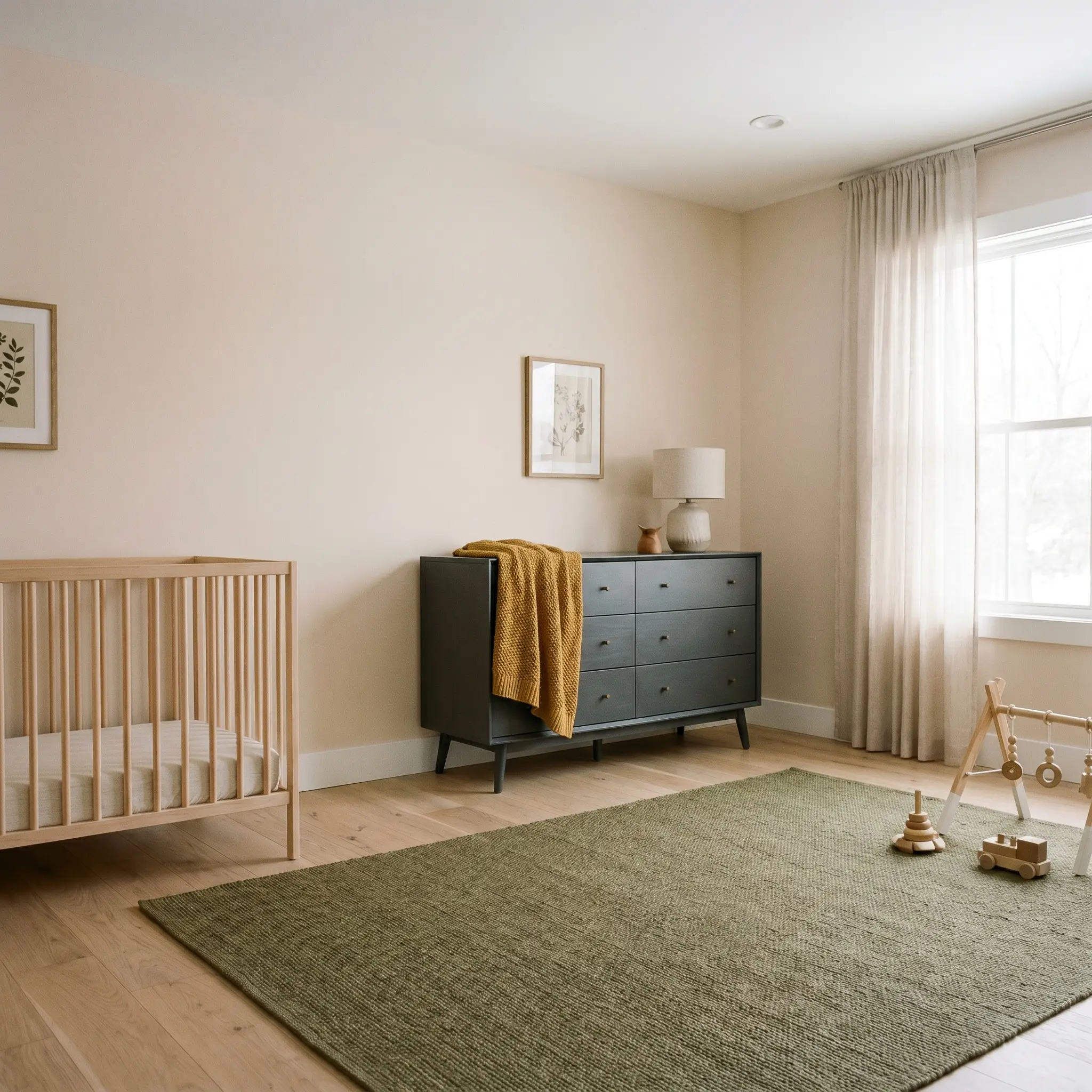 A simple spindle-style crib and a charcoal gray mid-century dresser ground a soft modern nursery featuring warm peach walls and natural white oak floors.