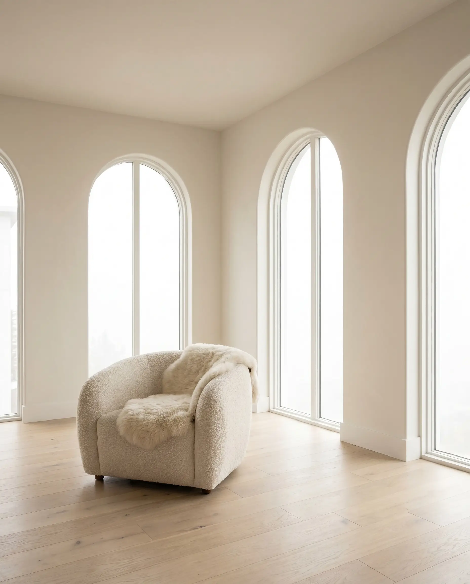 A plush bouclé armchair draped with a cozy shearling throw rests on light oak flooring beneath Farrow & Ball School House White chalky walls.