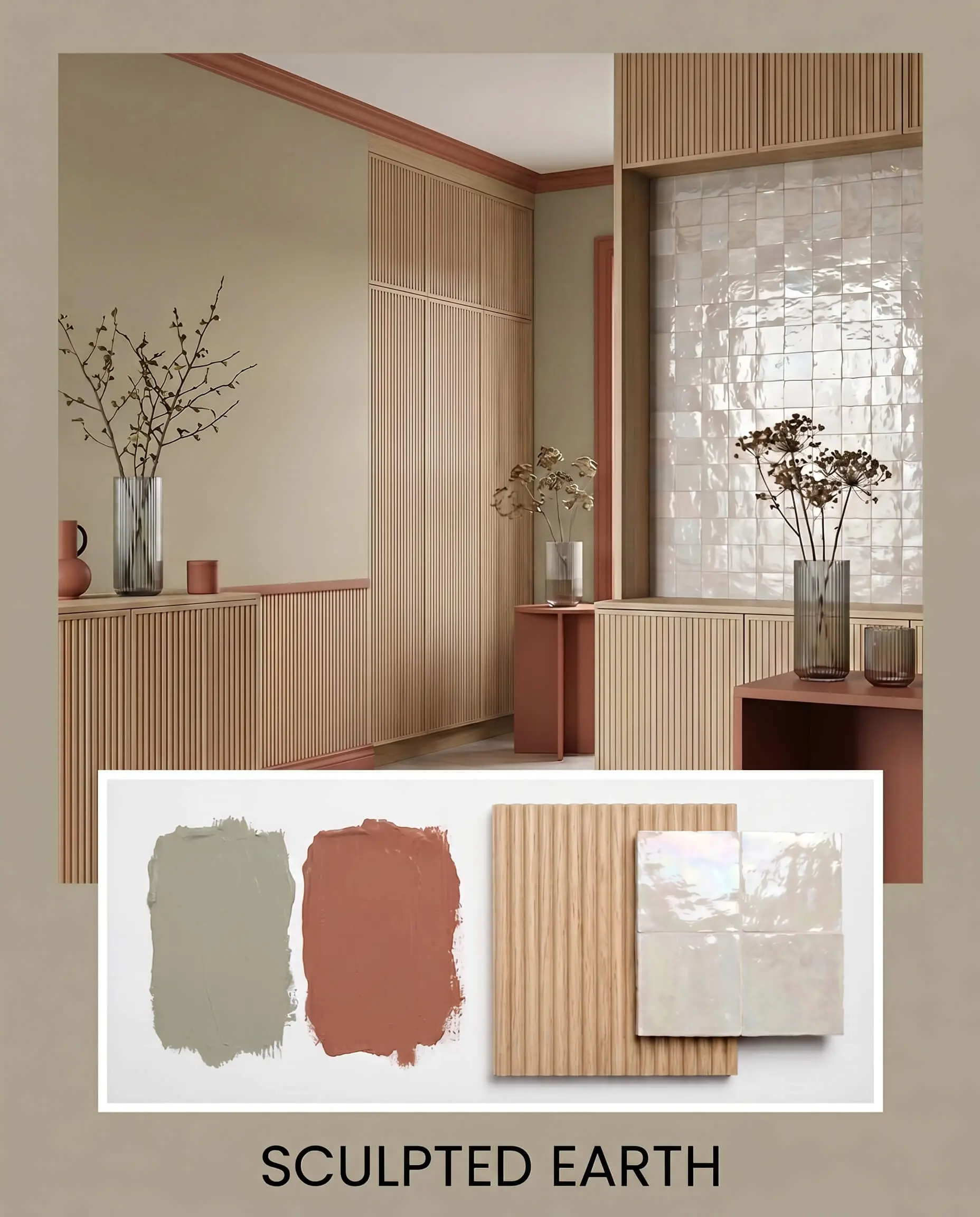 Expansive reeded white oak millwork and pearl-toned glazed zellige tiles sit above a tactile flat-lay featuring architectural finish samples and fluted glass.