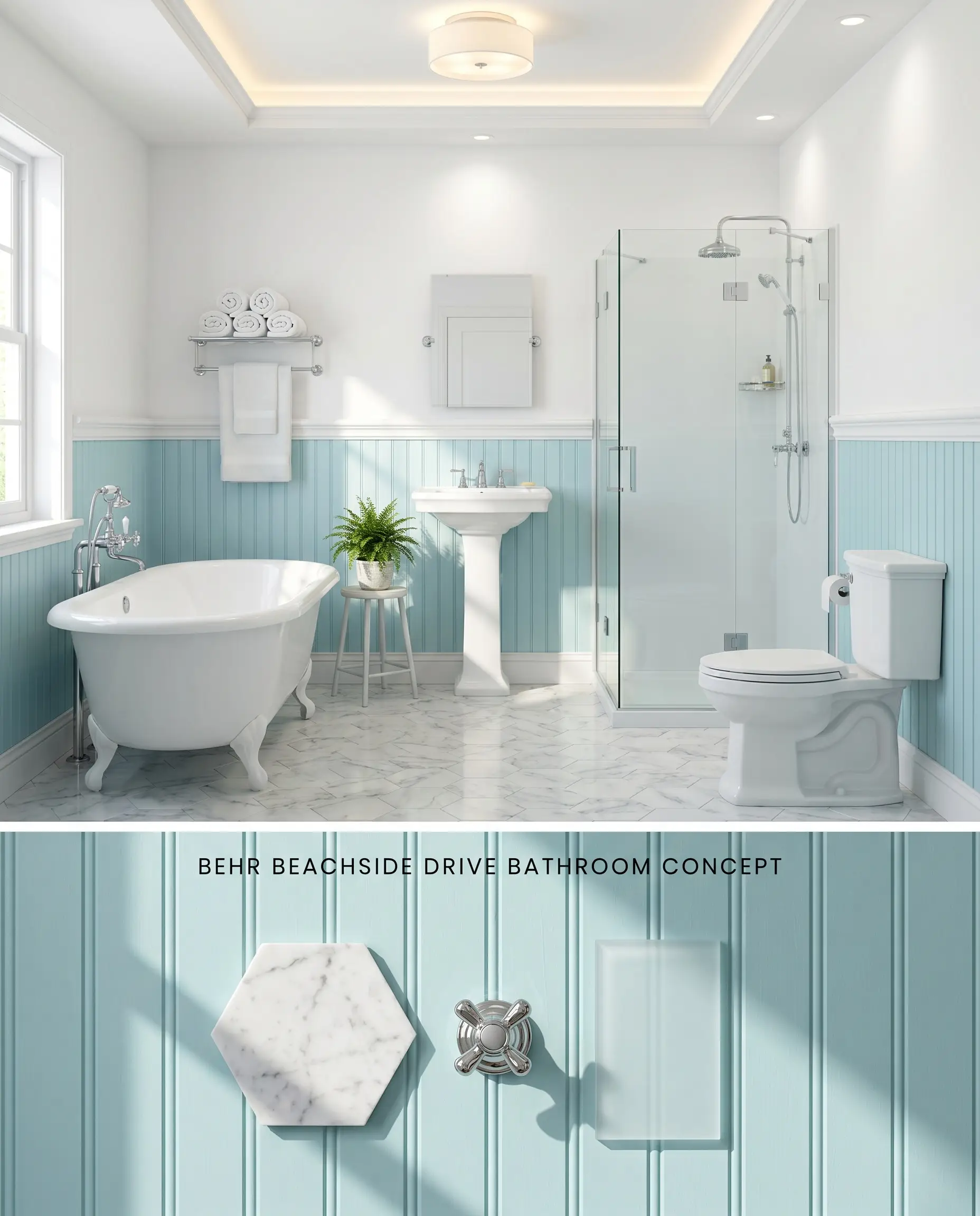 A split digital conceptual board for a bathroom showcasing Behr Beachside Drive on vertical beadboard wainscoting above, with physical Carrara marble hex tiles and polished chrome hardware below.