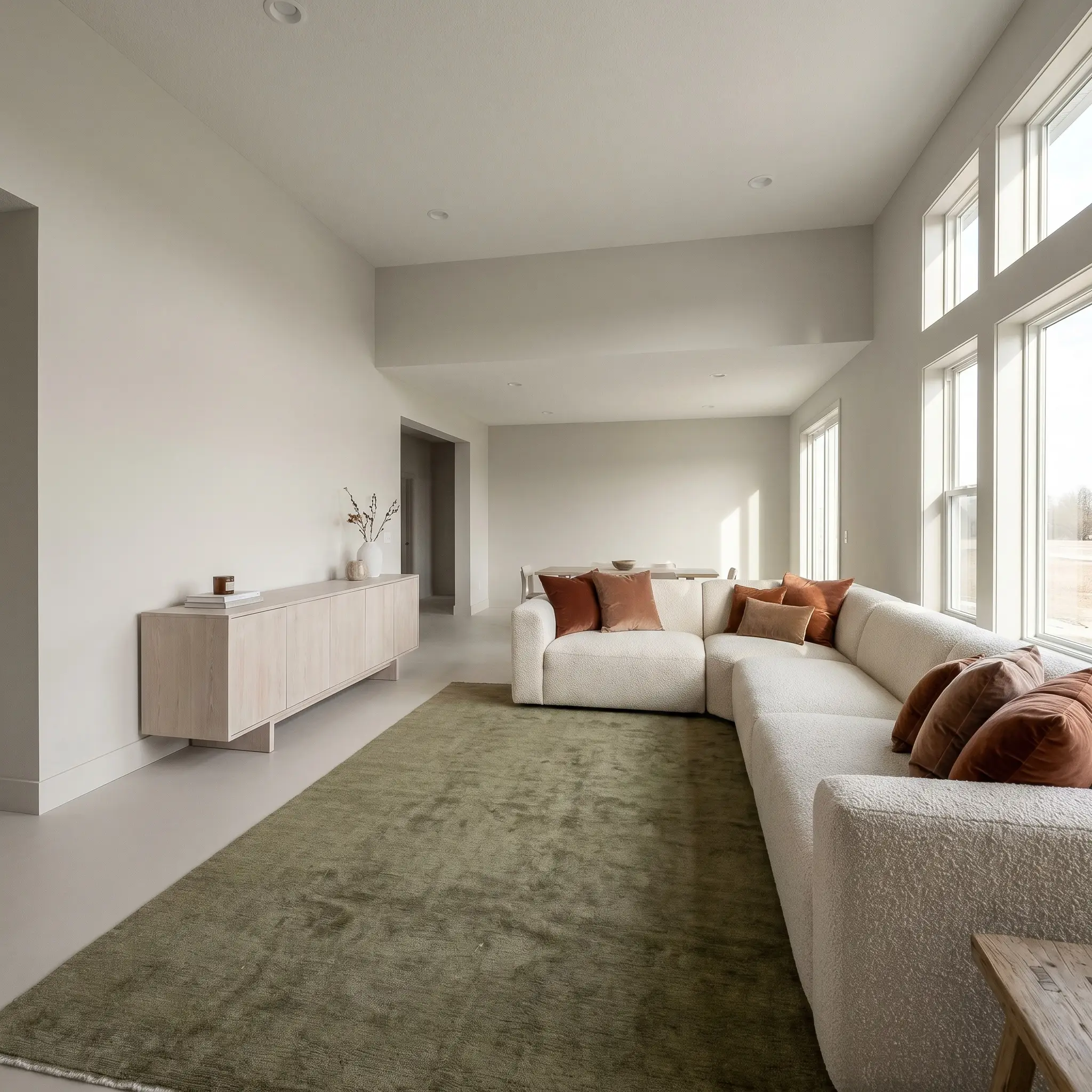 A low-profile cream boucle sectional and bleached white oak credenza anchor an open-concept living area featuring a seamless off-white architectural envelope.