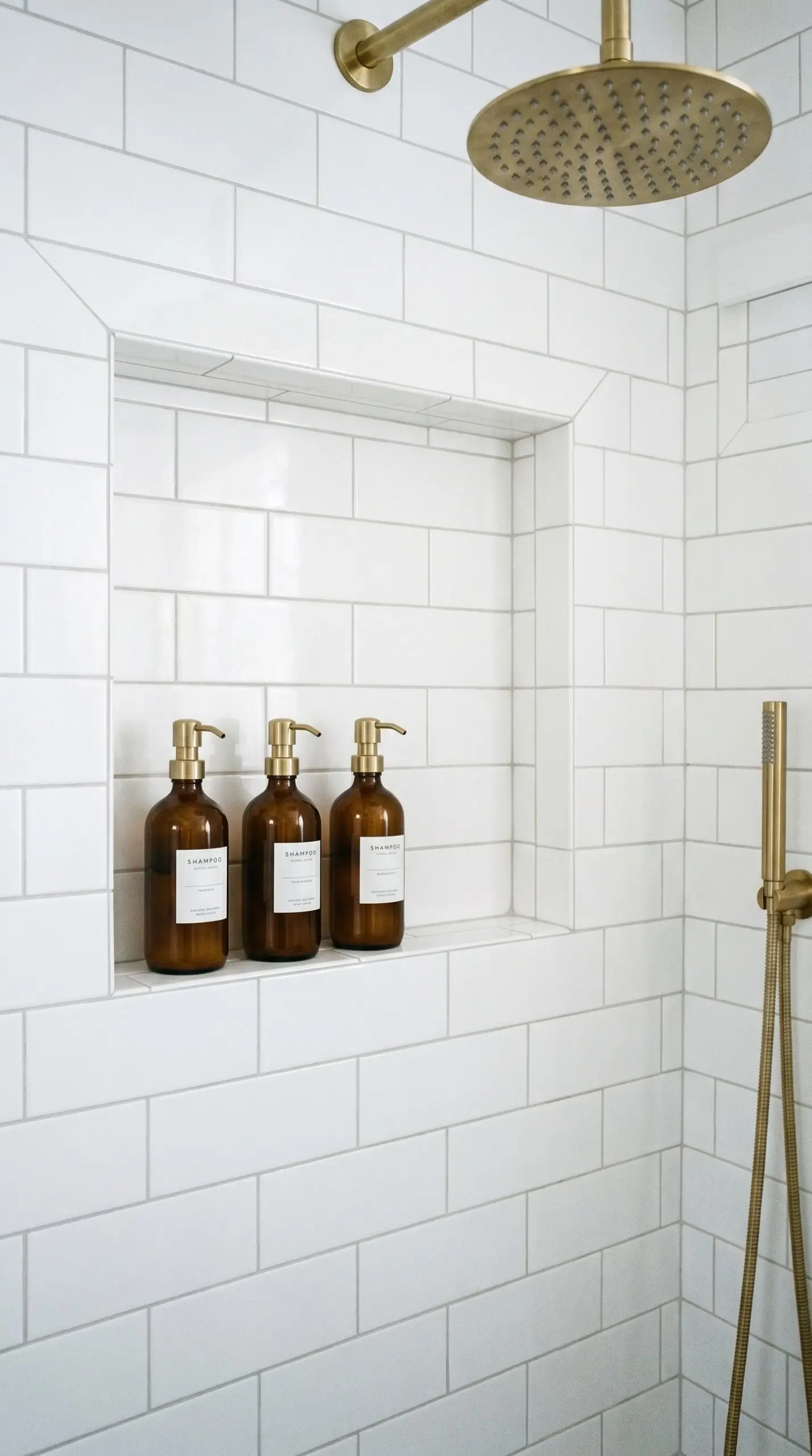 A rectangular shampoo niche framing displays seamless horizontal tile patterns, mitered 45-degree edges, amber glass bottles, and a nearby brushed gold showerhead.