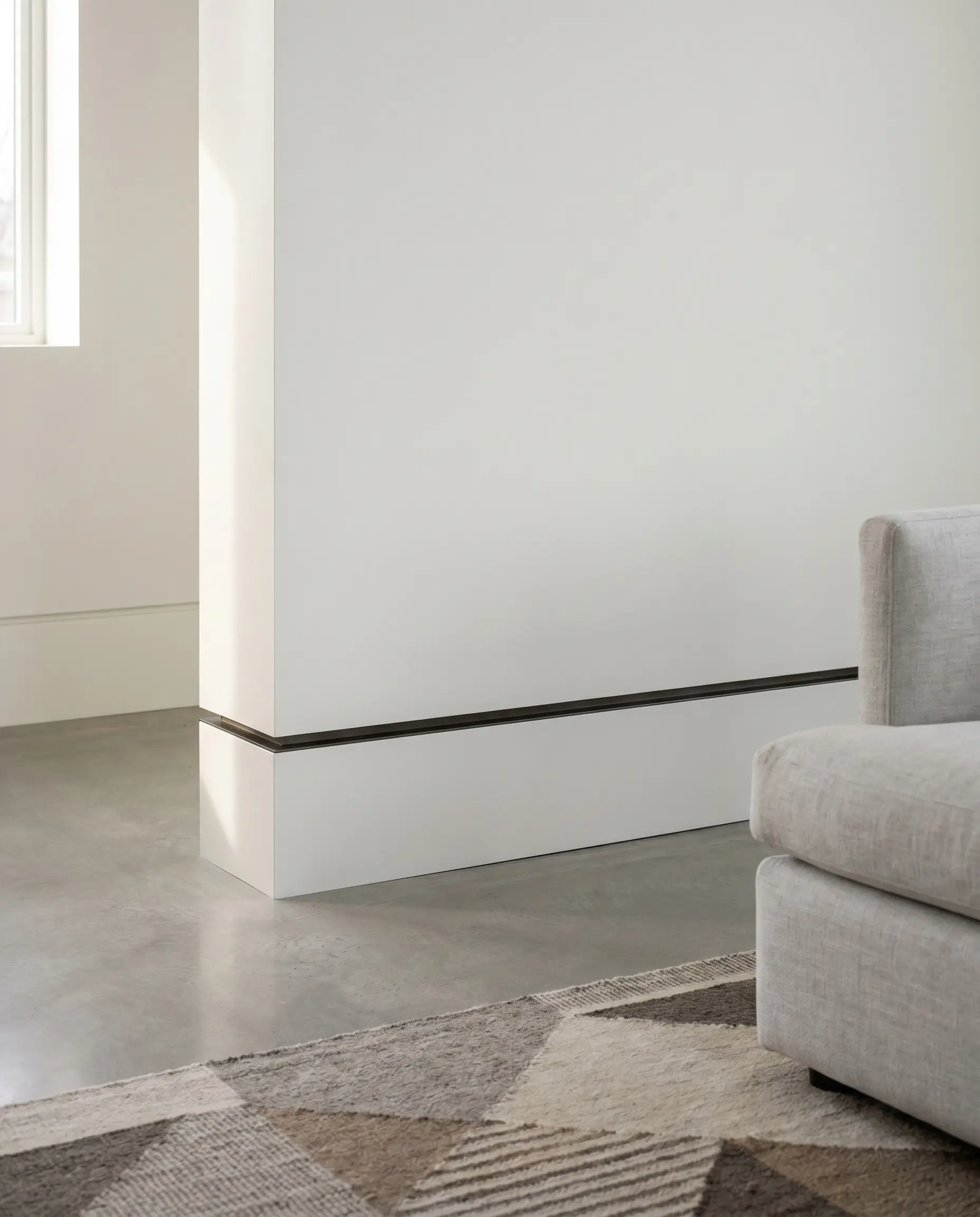 A crisp half-inch shadow gap aluminum reglet separates Chantilly Lace Level 5 drywall from modern baseboard and trim styles above polished concrete flooring.