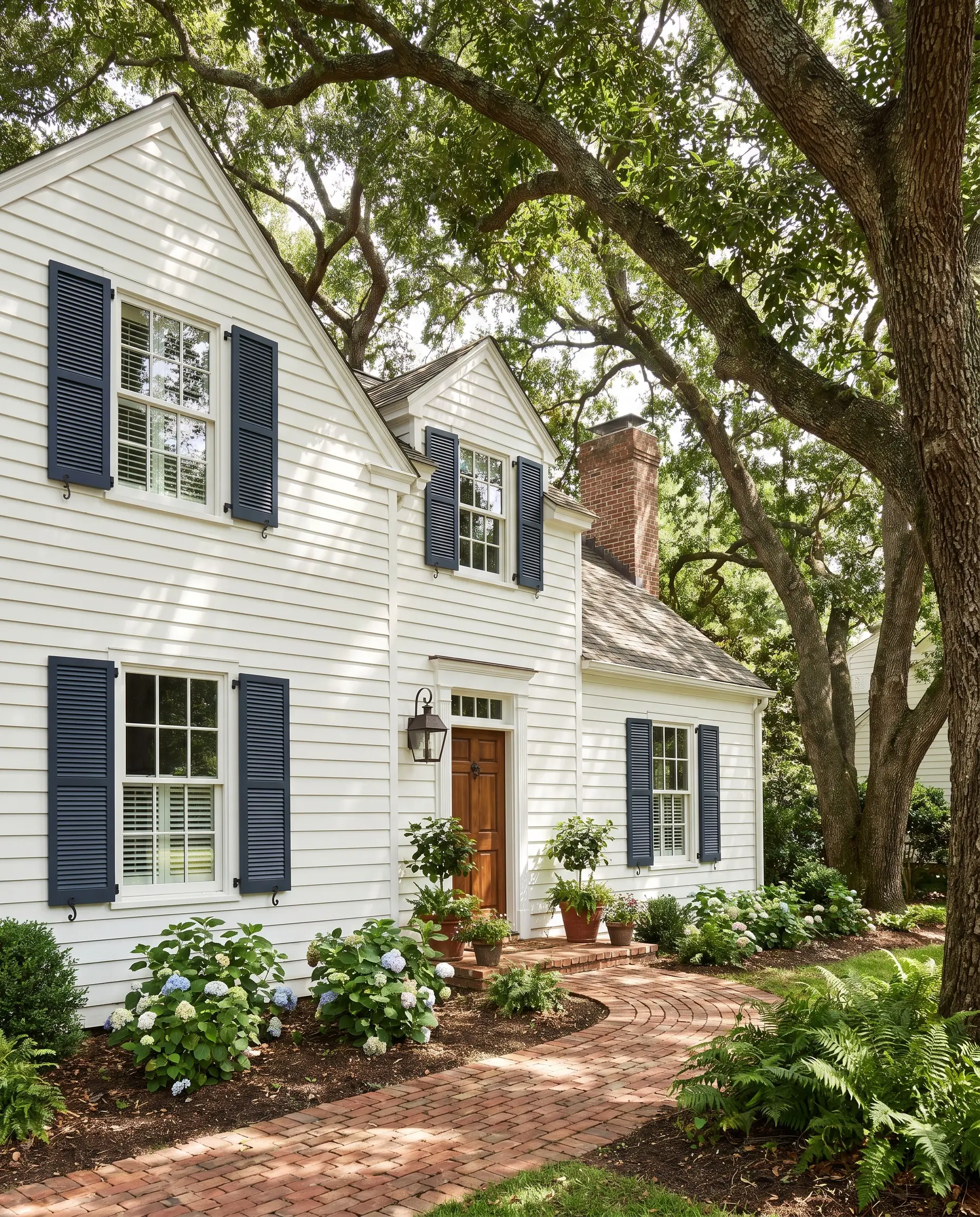 Clean sharp white exterior siding is contrasted by deep navy blue shutters and a natural brick pathway leading to a traditional cottage.