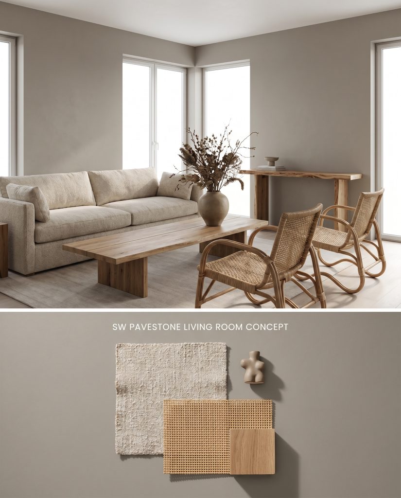 Featuring an enveloping living room top, this split conceptual board displays a paint with earthy undertones alongside bottom physical nubby linen and rattan samples.