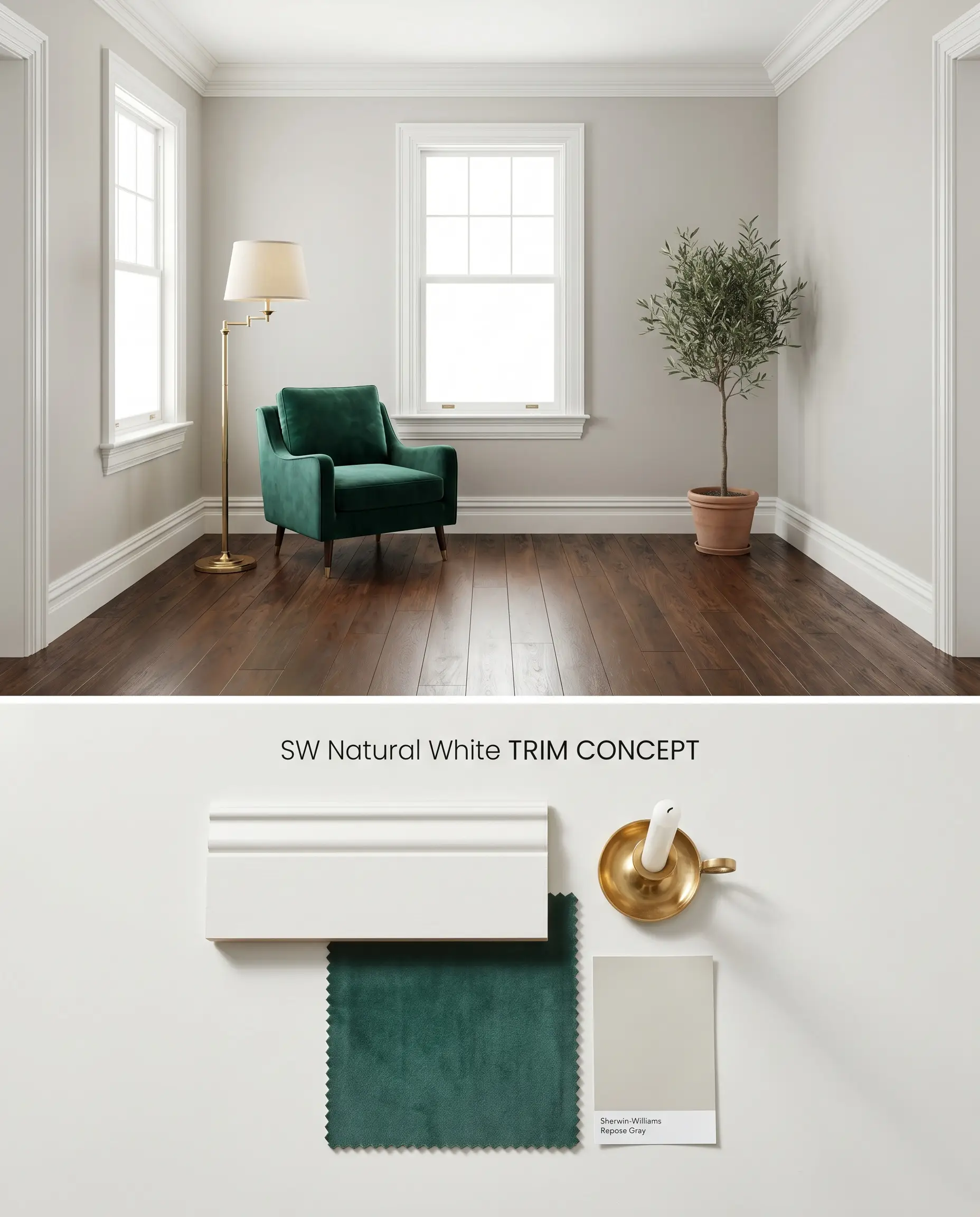 A split digital conceptual board presenting crisp cool off-white architectural trim against gray walls, positioned over a flat-lay of velvet and brass samples.