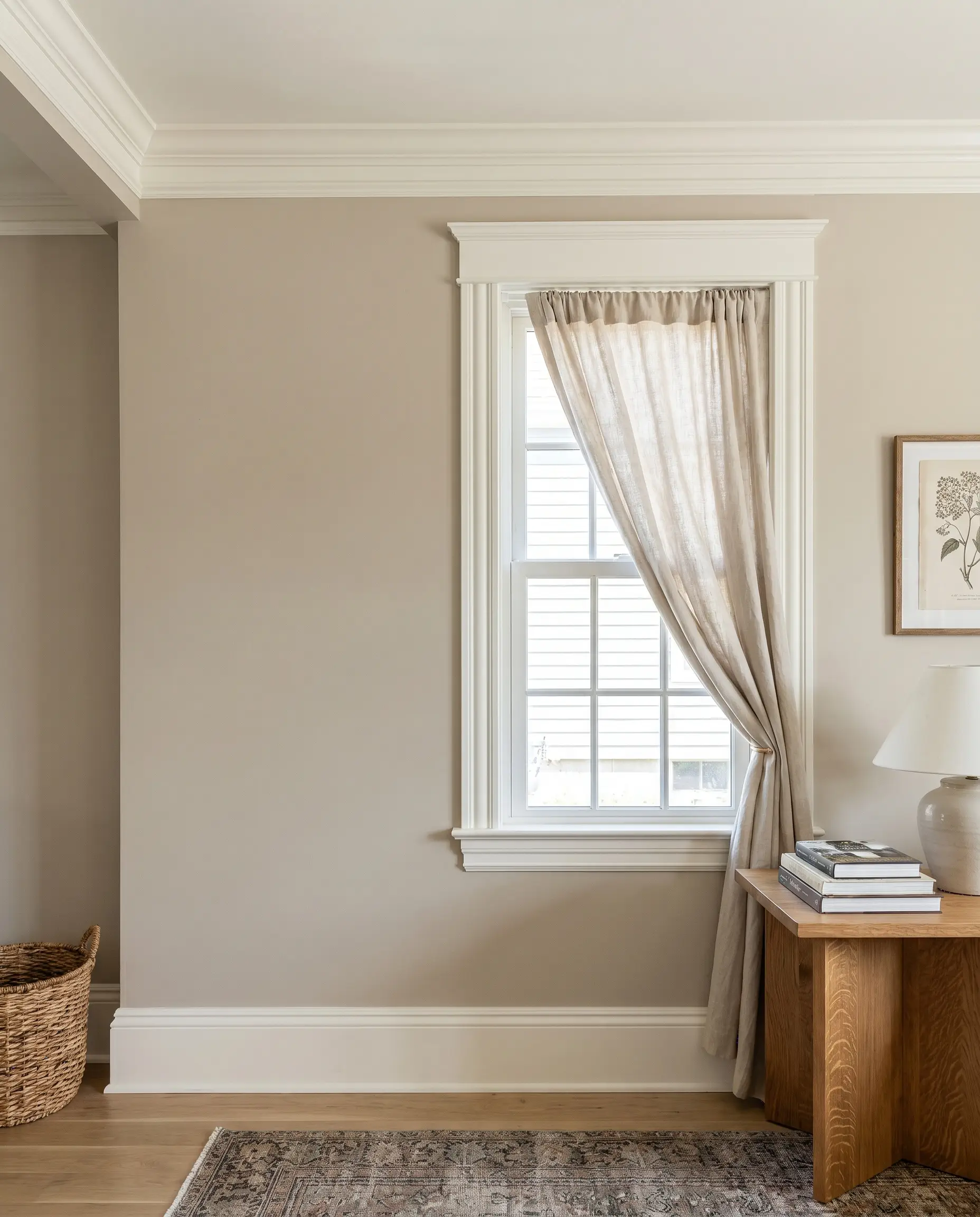Classic crown molding and window casings painted in SW Alabaster frame smooth warm greige walls beside a rift-sawn oak side table and linen curtain.