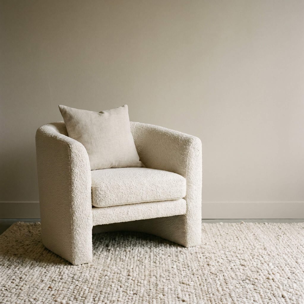 A chunky nubby bouclé accent chair with a heavyweight solid linen throw pillow rests on a hand-knotted wool rug before a smooth warm greige wall.