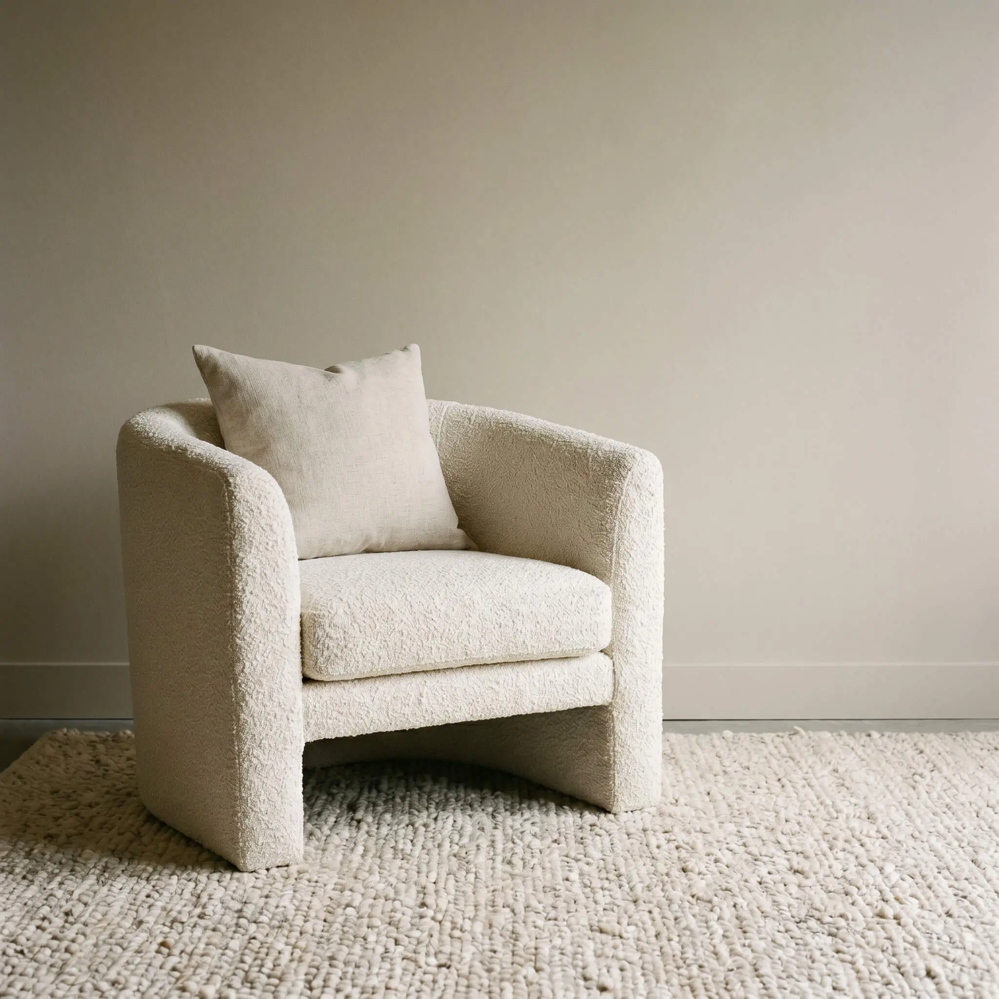 A chunky nubby bouclé accent chair with a heavyweight solid linen throw pillow rests on a hand-knotted wool rug before a smooth warm greige wall.