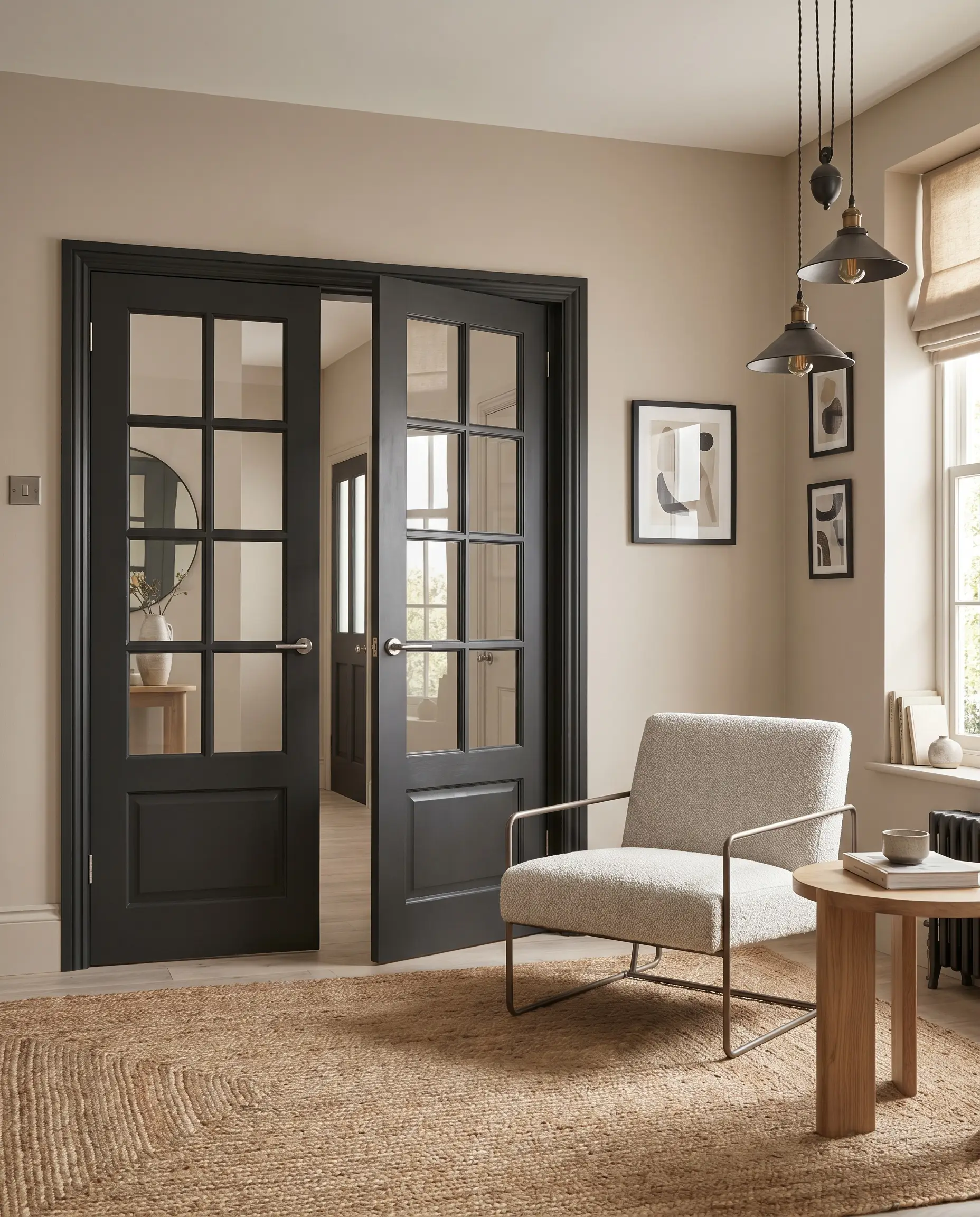 A monolithic armchair sits beside striking interior French doors painted in SW Iron Ore, sharply contrasting against soft warm greige living room walls.