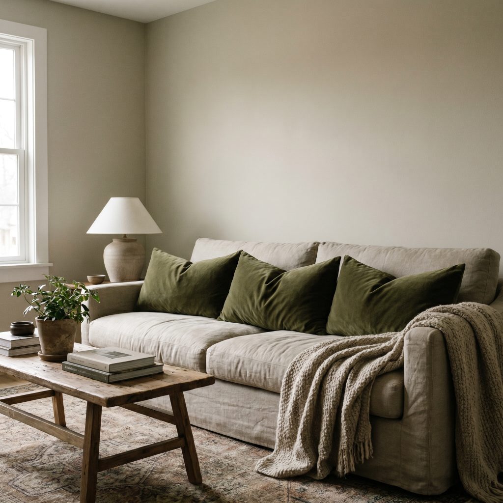 Deep olive green cotton velvet lumbar pillows rest on a neutral sofa, complementing the subtle greige undertones of the painted walls behind it.