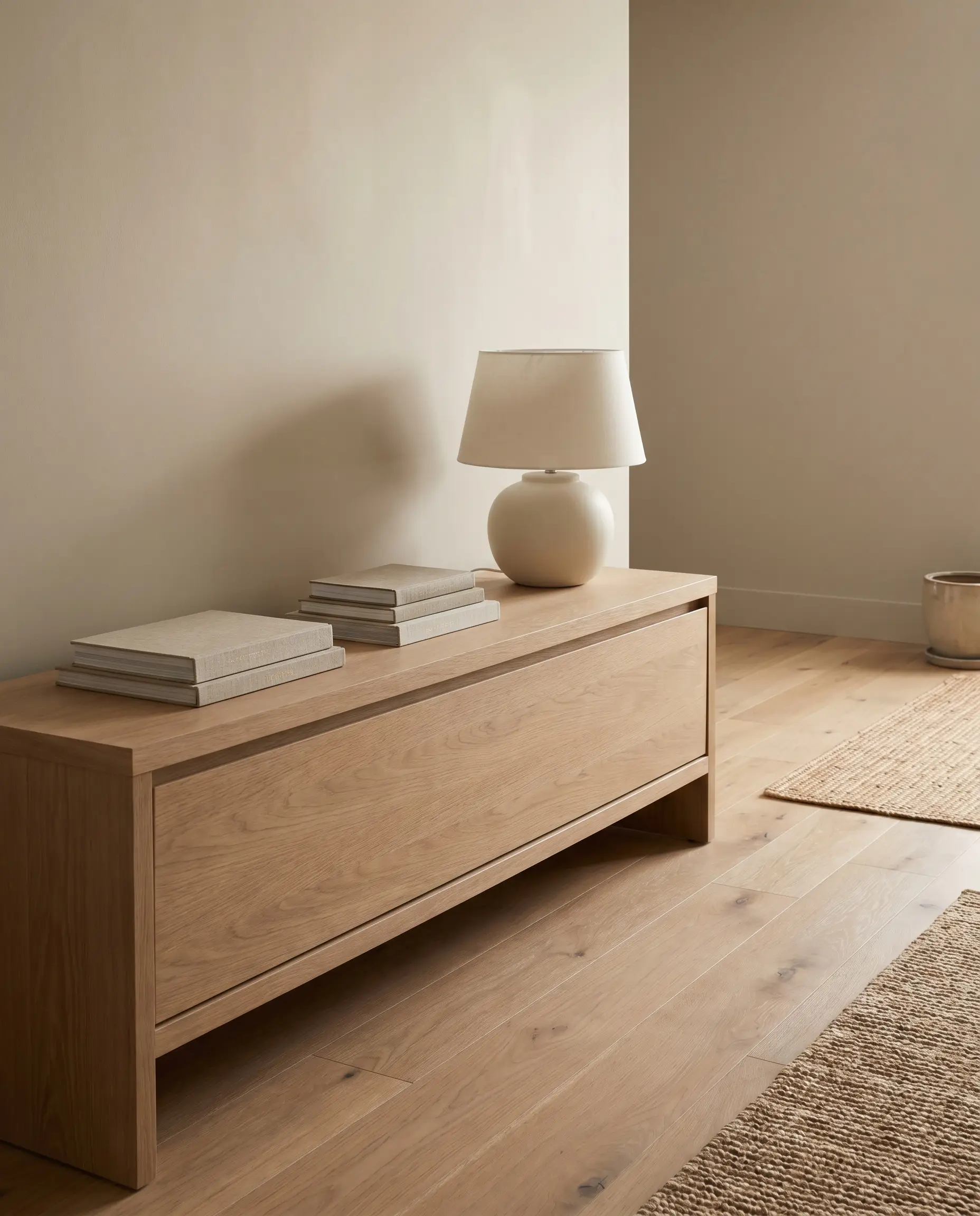 A matte oiled white oak console table styled with a ceramic lamp and neutral books stands against Sherwin Williams accessible beige walls on matching pale oak flooring.
