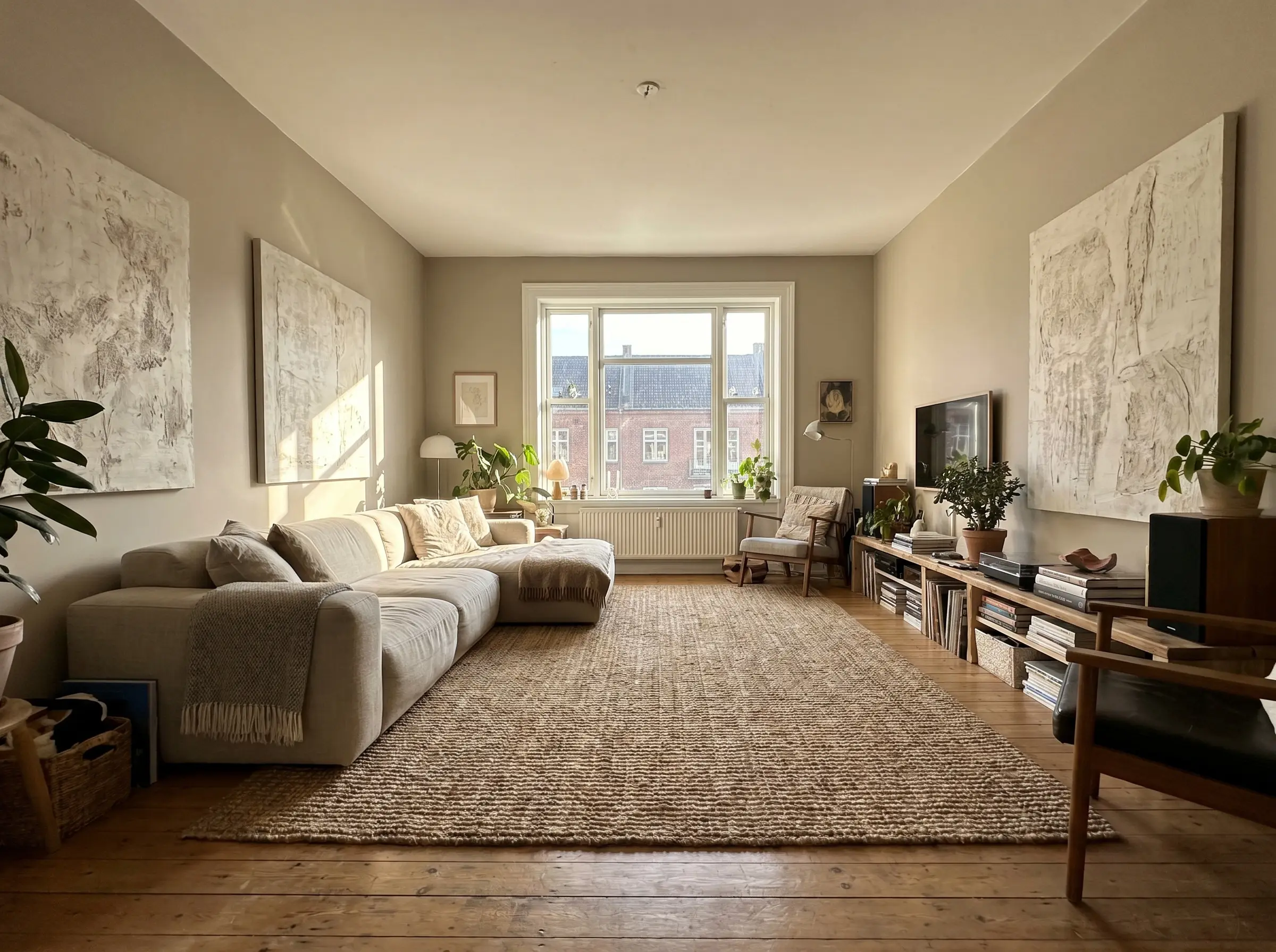An oatmeal linen sectional and a massive textured jute rug anchor a sun-drenched south-facing living room painted in Sherwin Williams accessible beige.