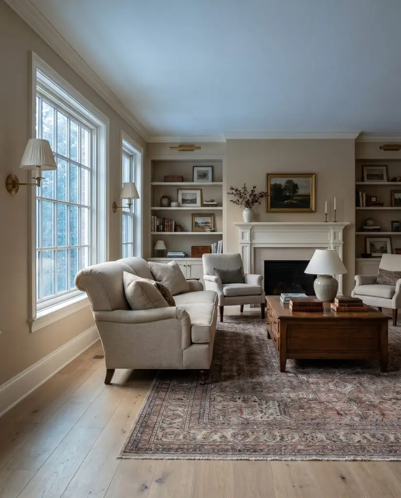 A traditional living room showcases one of the best greige paint colors alongside a classic rolled-arm sofa, vintage wool rug, and unlacquered brass wall sconces.