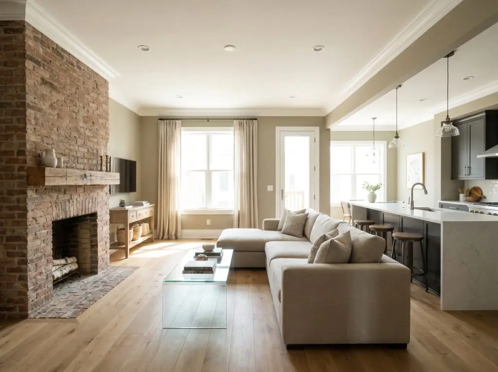 Sherwin-Williams Agreeable Gray walls unify an open floor plan containing an exposed brick fireplace, a neutral sectional, and a sleek kitchen with quartz countertops.
