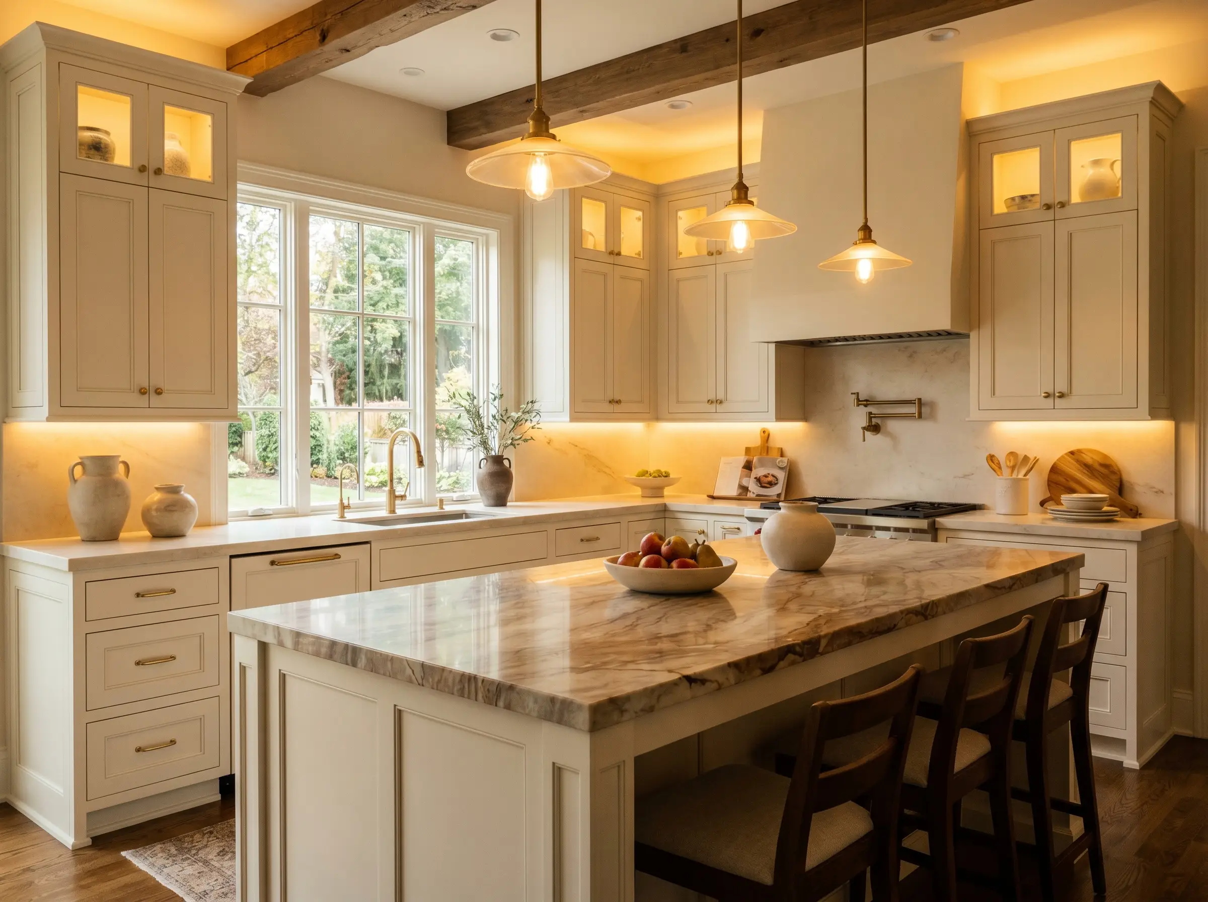 Perimeter cabinets and a central base painted in Sherwin-Williams Alabaster harmonize with complex warm undertones on the stone countertop above.