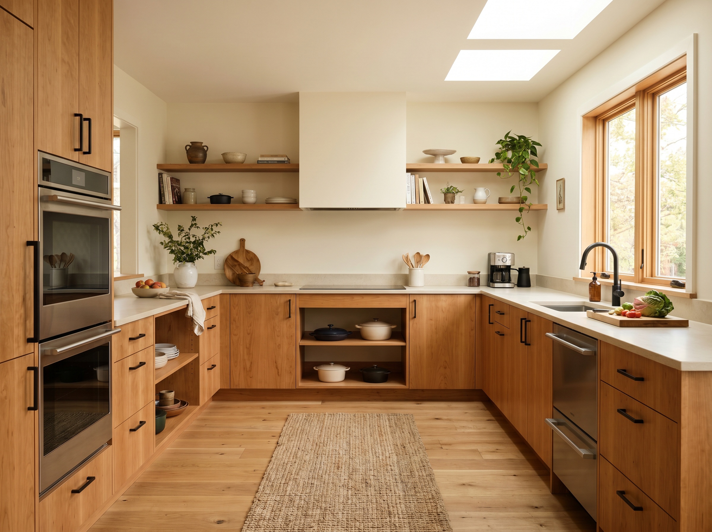 Natural cherry wood cabinetry with sleek matte black hardware integrates seamlessly with creamy Sherwin-Williams Alabaster painted walls and a woven runner rug.