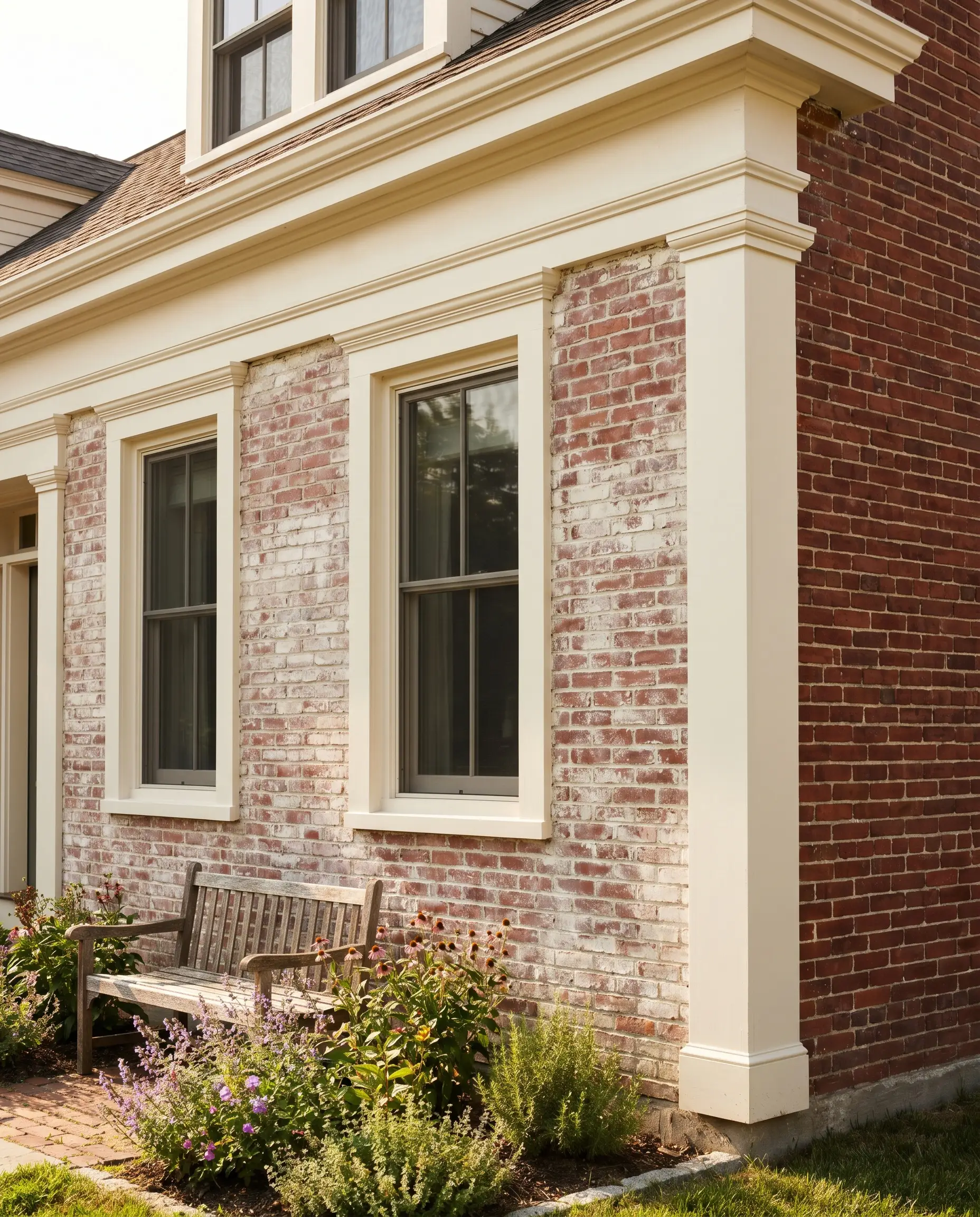 Creamy warm white painted connecting trim unifies a layered facade featuring sections of partially limewashed brick alongside raw red brick and standard windows.