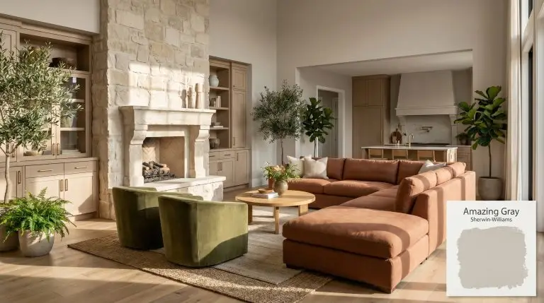 An expansive open-concept living space painted in Sherwin-Williams Amazing Gray (Hex #BEB5A9), featuring European oak flooring, a tumbled limestone fireplace, and rust-toned linen seating.