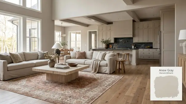 A brutalist travertine coffee table and slipcovered linen sofas anchor an expansive living room painted in Sherwin-Williams Anew Gray (Hex #BFB6AA) flowing into a custom kitchen.