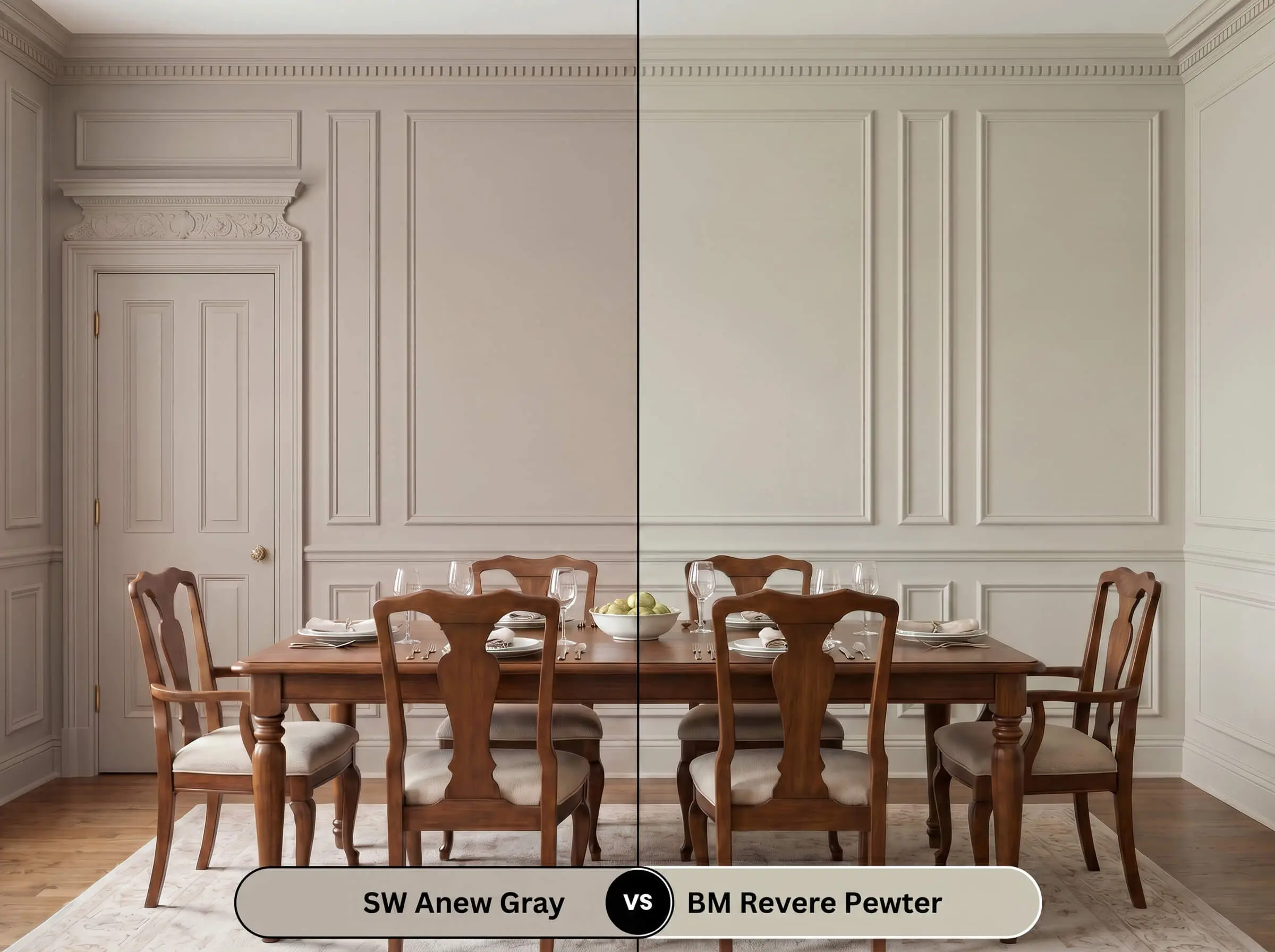 A side-by-side split-screen comparison of Sherwin-Williams Anew Gray on the left and Benjamin Moore Revere Pewter on the right, shown in a traditional dining room featuring elegant picture molding.