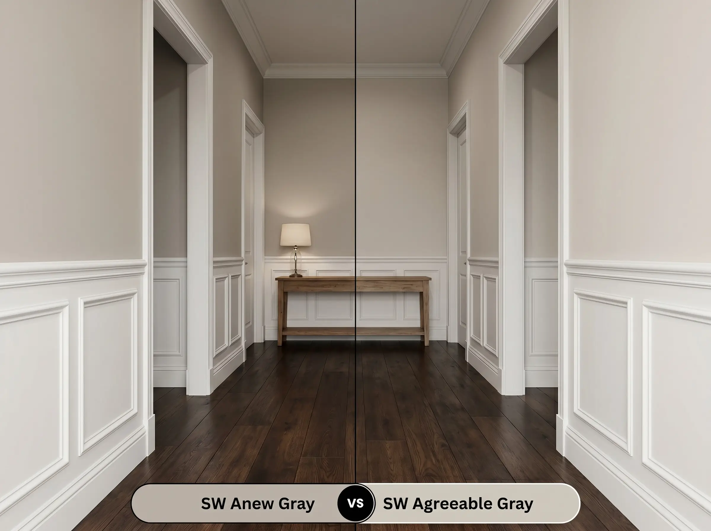 A side-by-side split-screen comparison of Sherwin-Williams Anew Gray on the left and Sherwin-Williams Agreeable Gray on the right, shown in a dimly lit hallway with classic wainscoting.