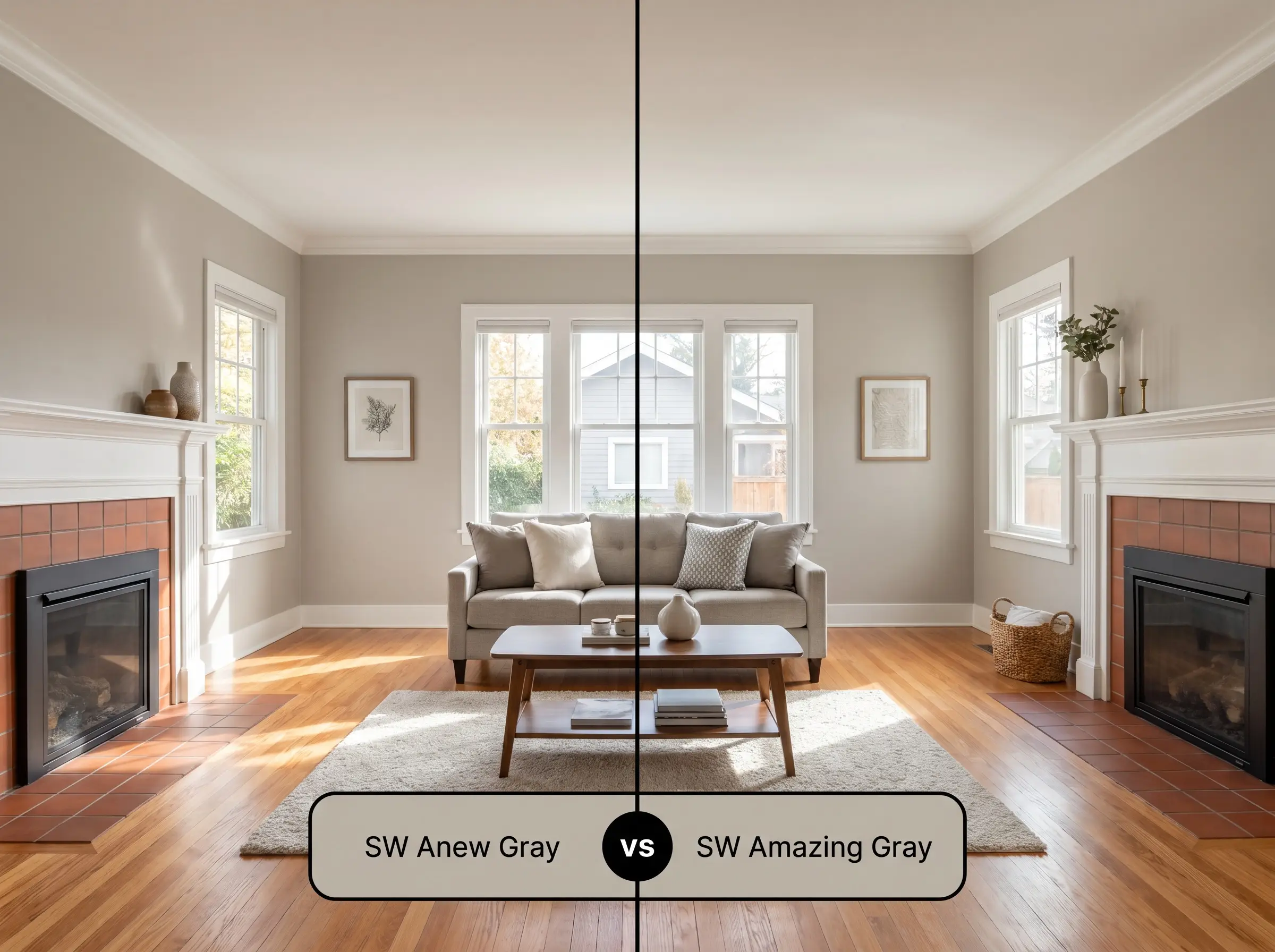 A side-by-side split-screen comparison of Sherwin-Williams Anew Gray on the left and Sherwin-Williams Amazing Gray on the right, shown in a sunlit living room with terracotta tile fireplace accents.