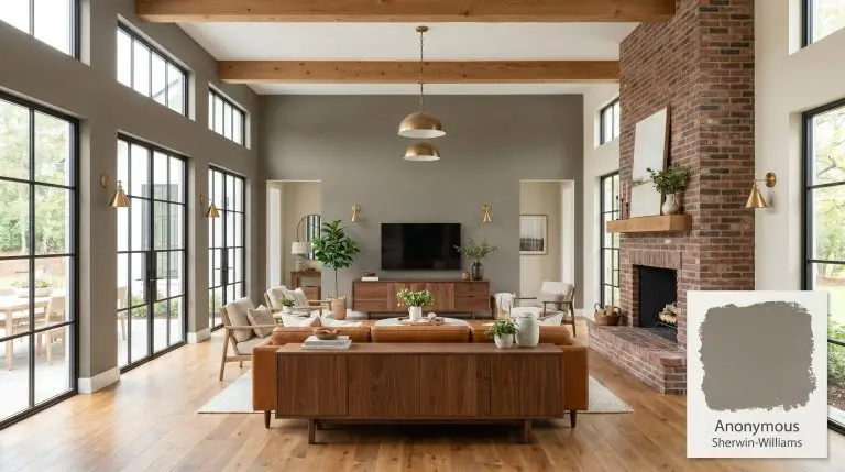 An open-concept living room painted in Sherwin-Williams Anonymous (Hex #817A6E) featuring exposed cedar beams, rust brick fireplace, and a cognac leather sofa.