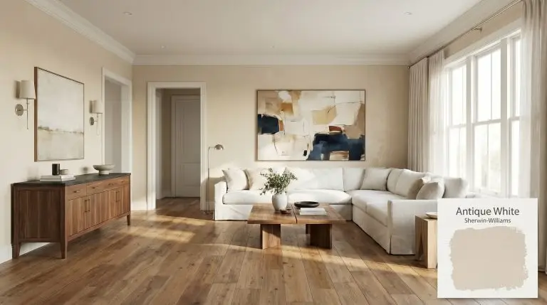 A spacious living room painted in Sherwin-Williams Antique White (Hex #E8DCC6) features wide plank oak floors, a crisp linen slipcovered sofa, and a warm walnut wood credenza.