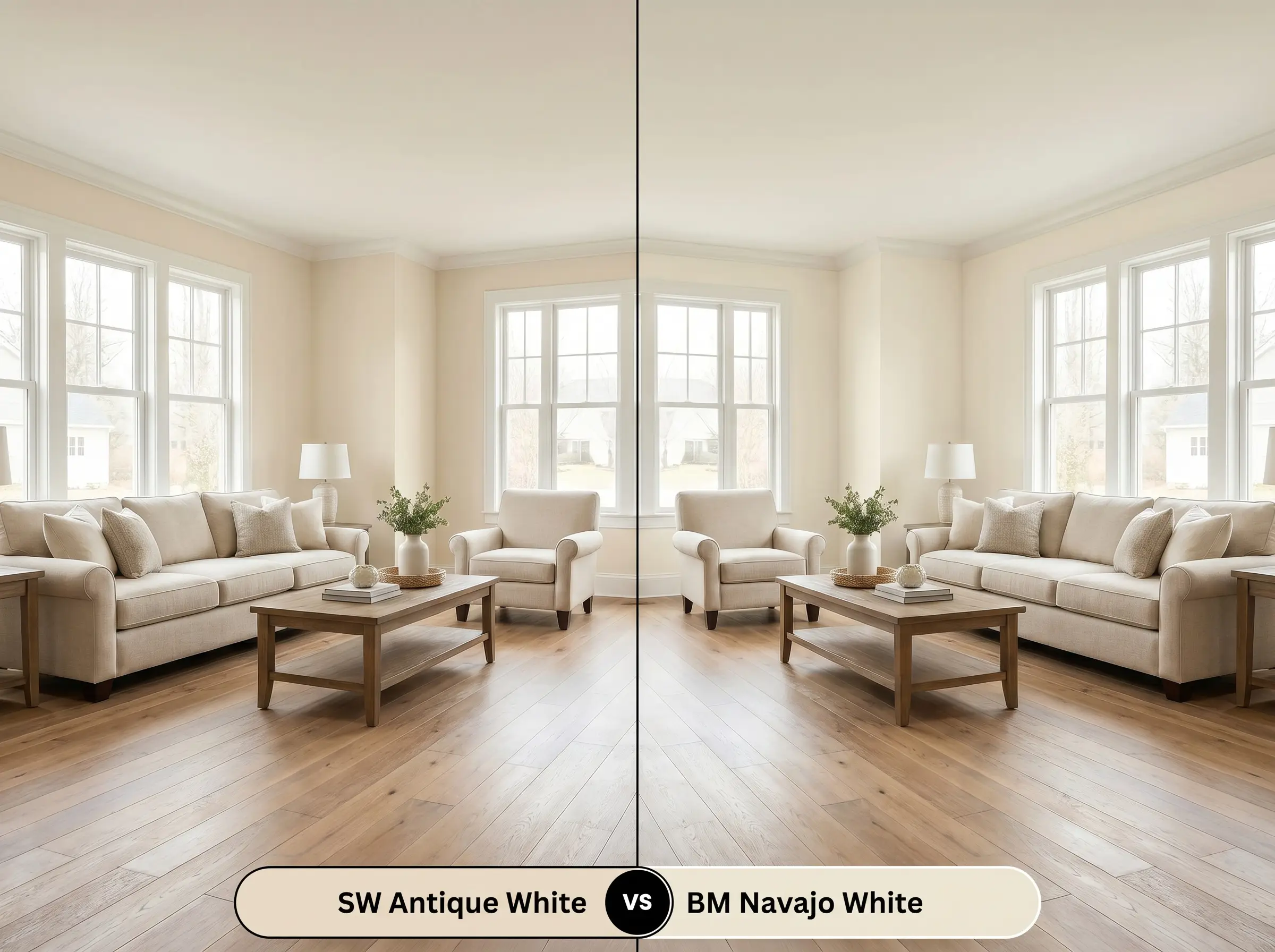 A side-by-side split-screen comparison of Sherwin-Williams Antique White on the left and Benjamin Moore Navajo White on the right, shown in a living room featuring wide-plank oak flooring and linen furnishings.