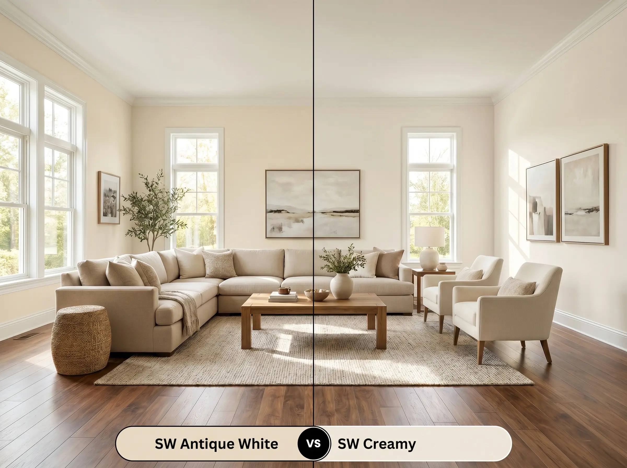 A side-by-side split-screen comparison of Sherwin-Williams Antique White on the left and Sherwin-Williams Creamy on the right, shown in a suburban living room with warm walnut flooring.