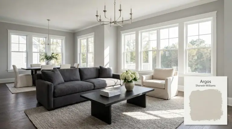 A photorealistic open-concept living and dining area painted in Sherwin-Williams Argos (Hex #BDBDB7), featuring crisp white trim, dark walnut flooring, and a charcoal wool sofa.