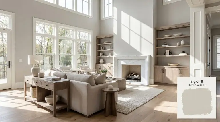 A photorealistic living space painted in Sherwin-Williams Big Chill (Hex #D0CEC9), featuring wide-plank European oak flooring, a marble fireplace, and crisp white trim.