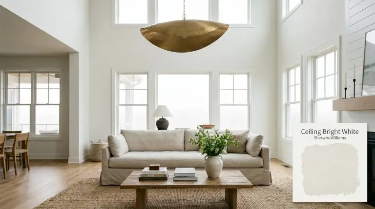 A soaring modern coastal living room features a slipcovered linen sofa, jute rug, and overhead plane painted in Sherwin-Williams Ceiling Bright White (Hex #E9EBE7).