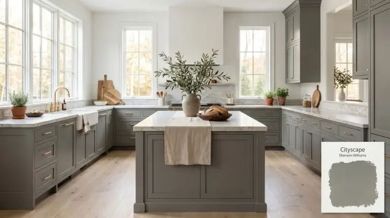 A wide architectural shot of a transitional modern kitchen featuring lower cabinetry painted in Sherwin-Williams Cityscape (Hex #7F817E), honed Danby marble, and brass hardware.