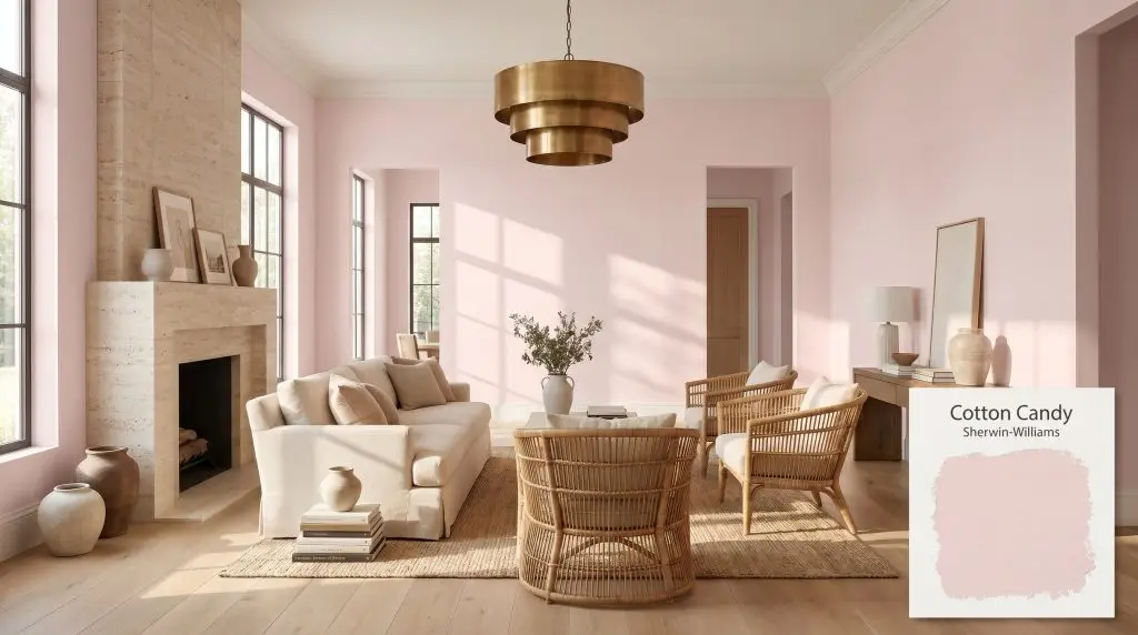 A photorealistic wide architectural shot of a high-end living room painted in Sherwin-Williams Cotton Candy (Hex #F2E0DF), featuring matte white oak flooring and a tumbled travertine fireplace.